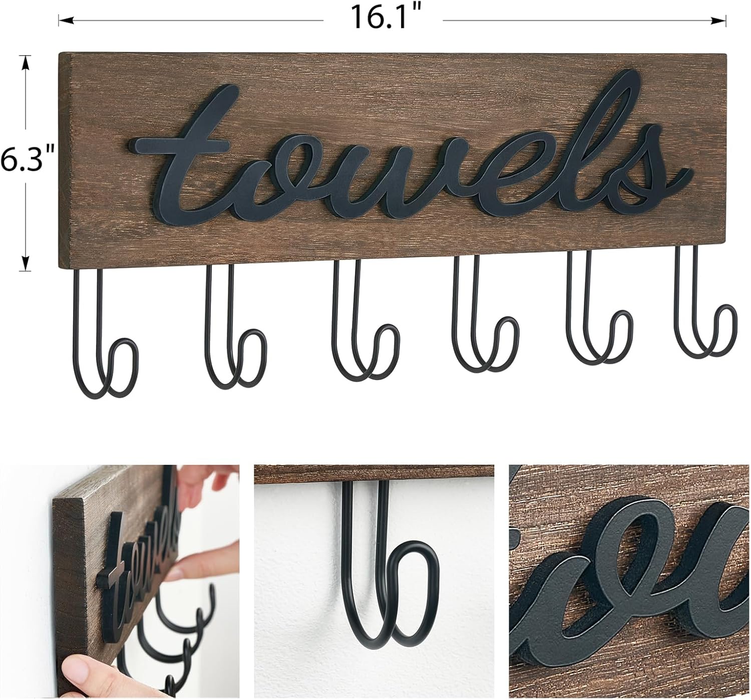 Mkono Rustic Wood Towel Rack with 6 Hooks