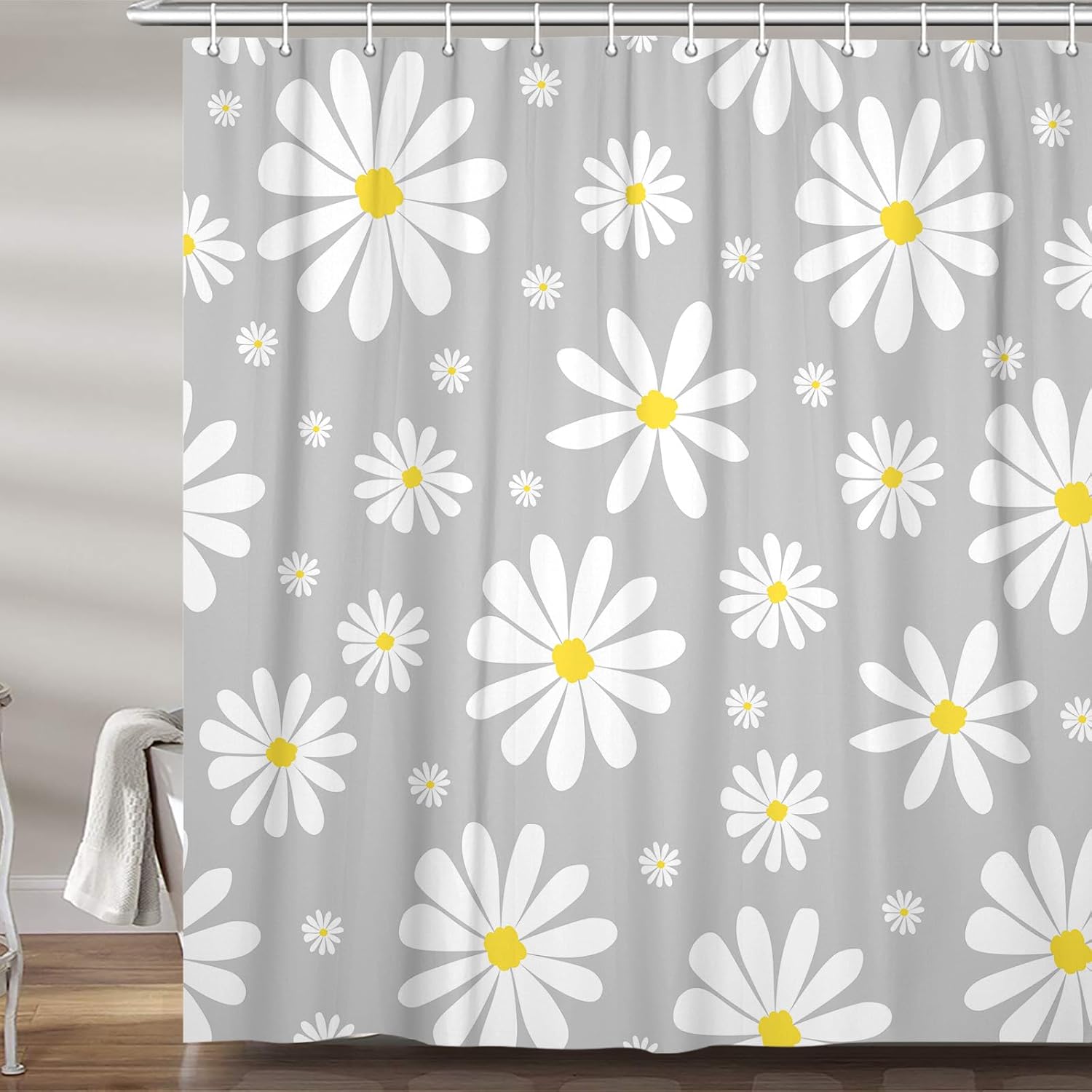 Grey Daisy Floral Shower Curtain Set with Hooks 72x75 Inch