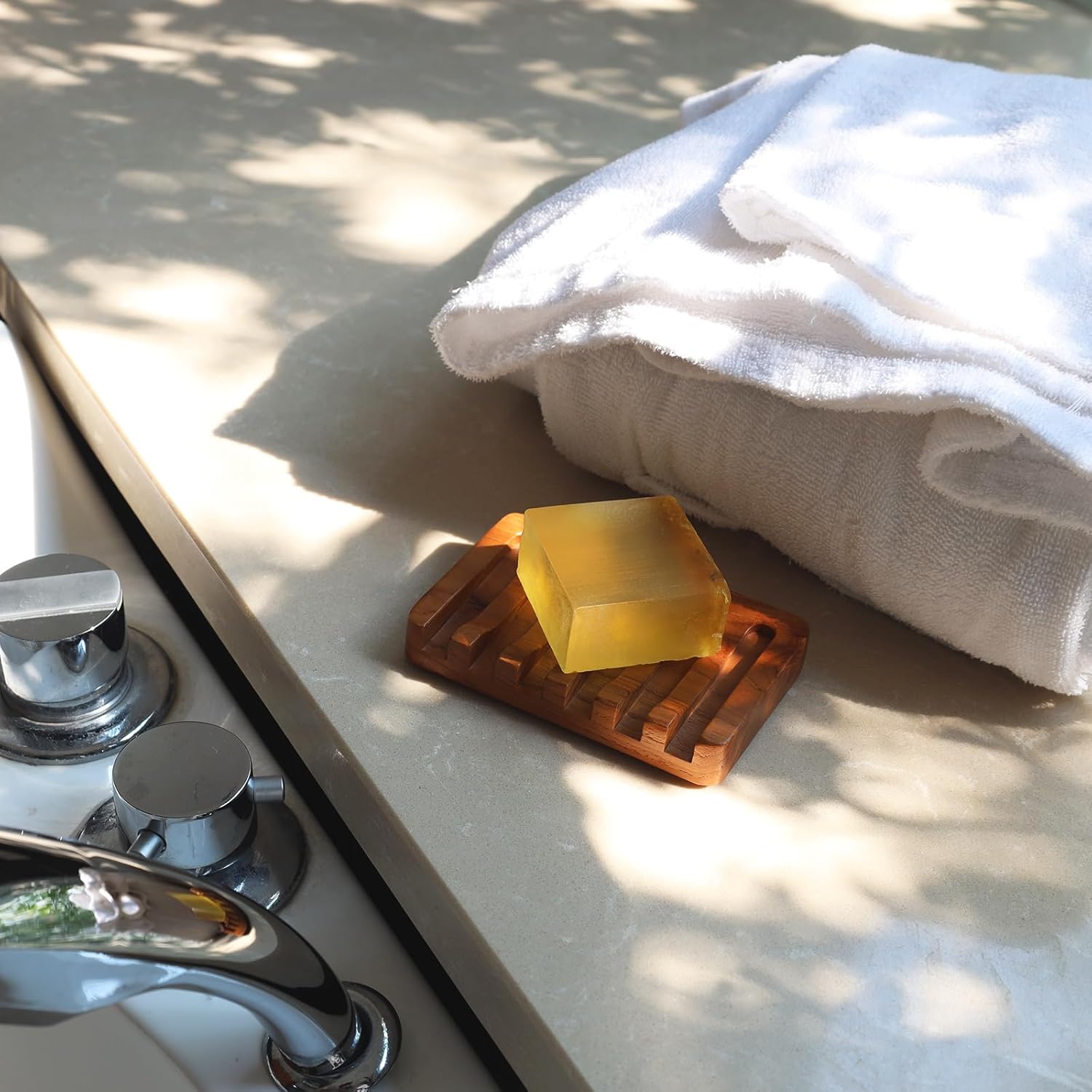HTB Teak Soap Dish with Slanted Drainage Design