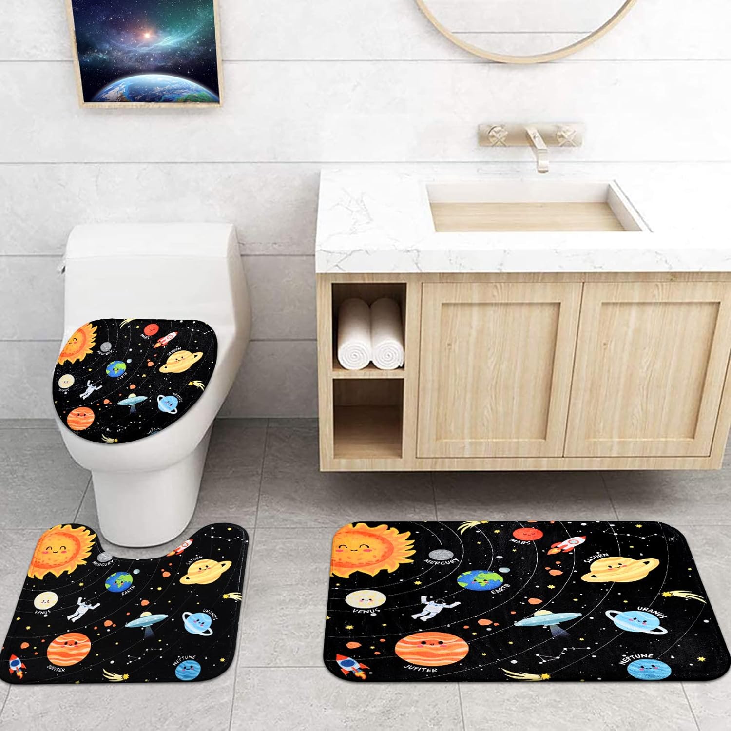 Alishomtll 4 Pcs Black Space Kids Bathroom Set