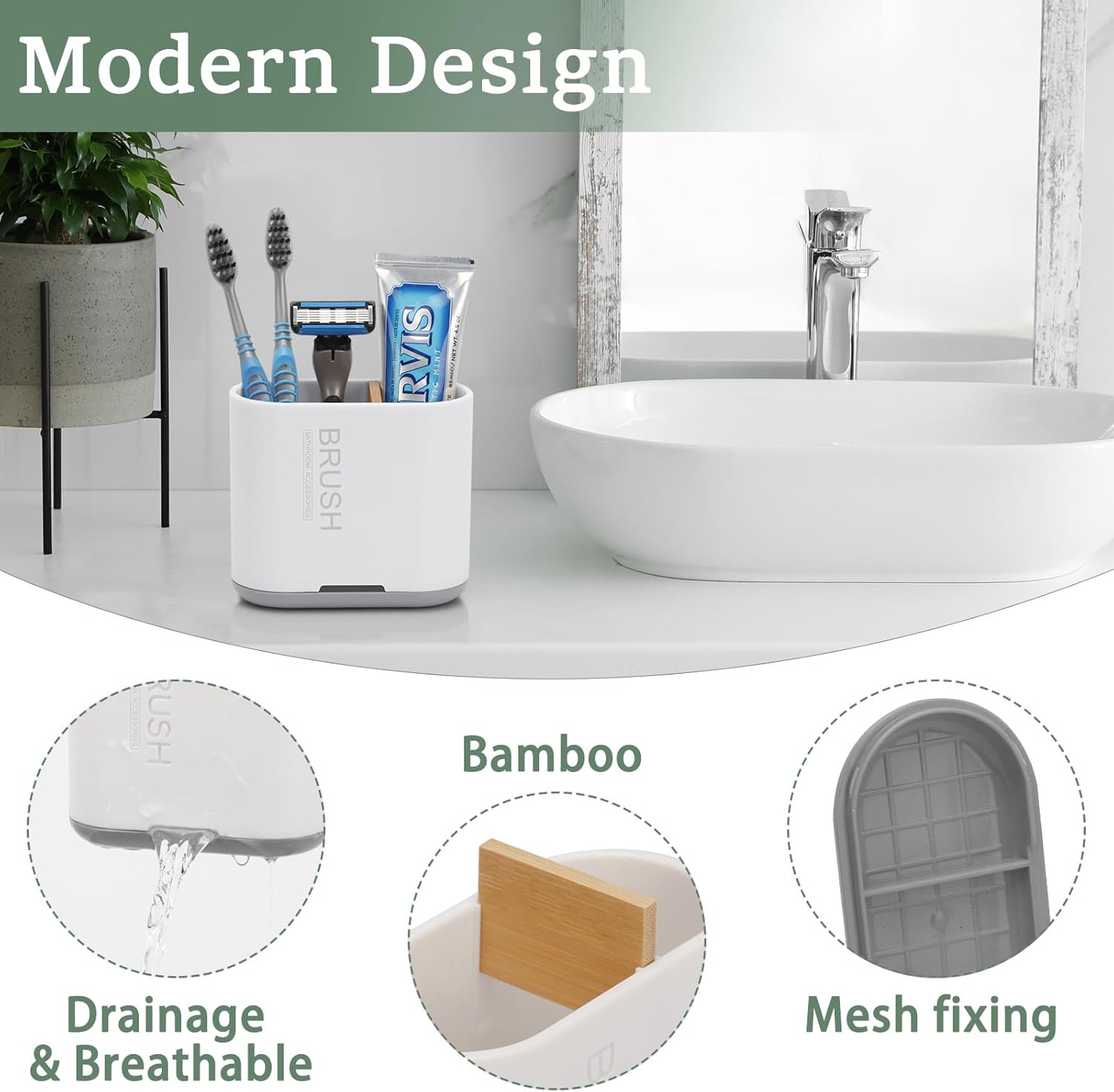 Chintu Bamboo Toothbrush Holder with 2 Slots and Drainage - Family-White
