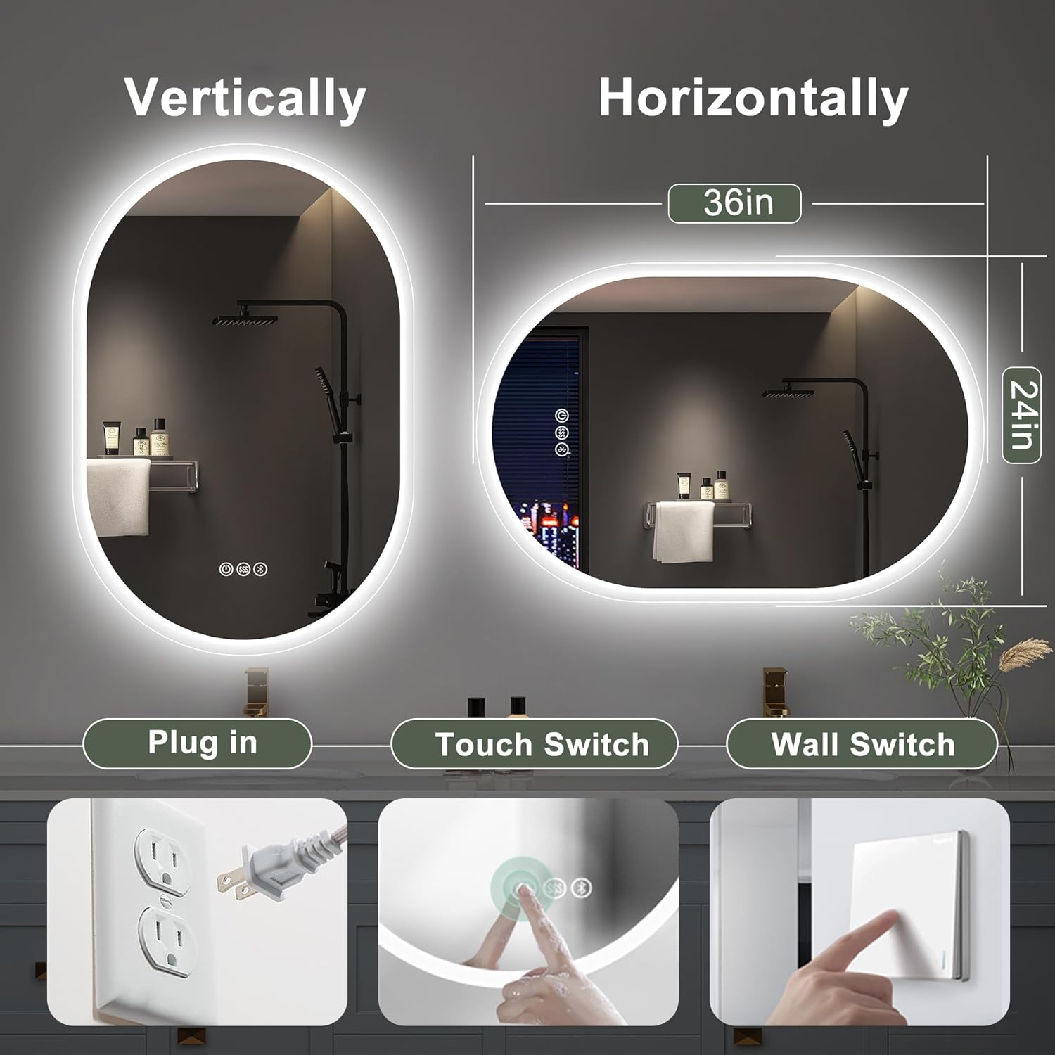 Sbagno 2pcs 24x36 Oval LED Bathroom Mirror with Lights