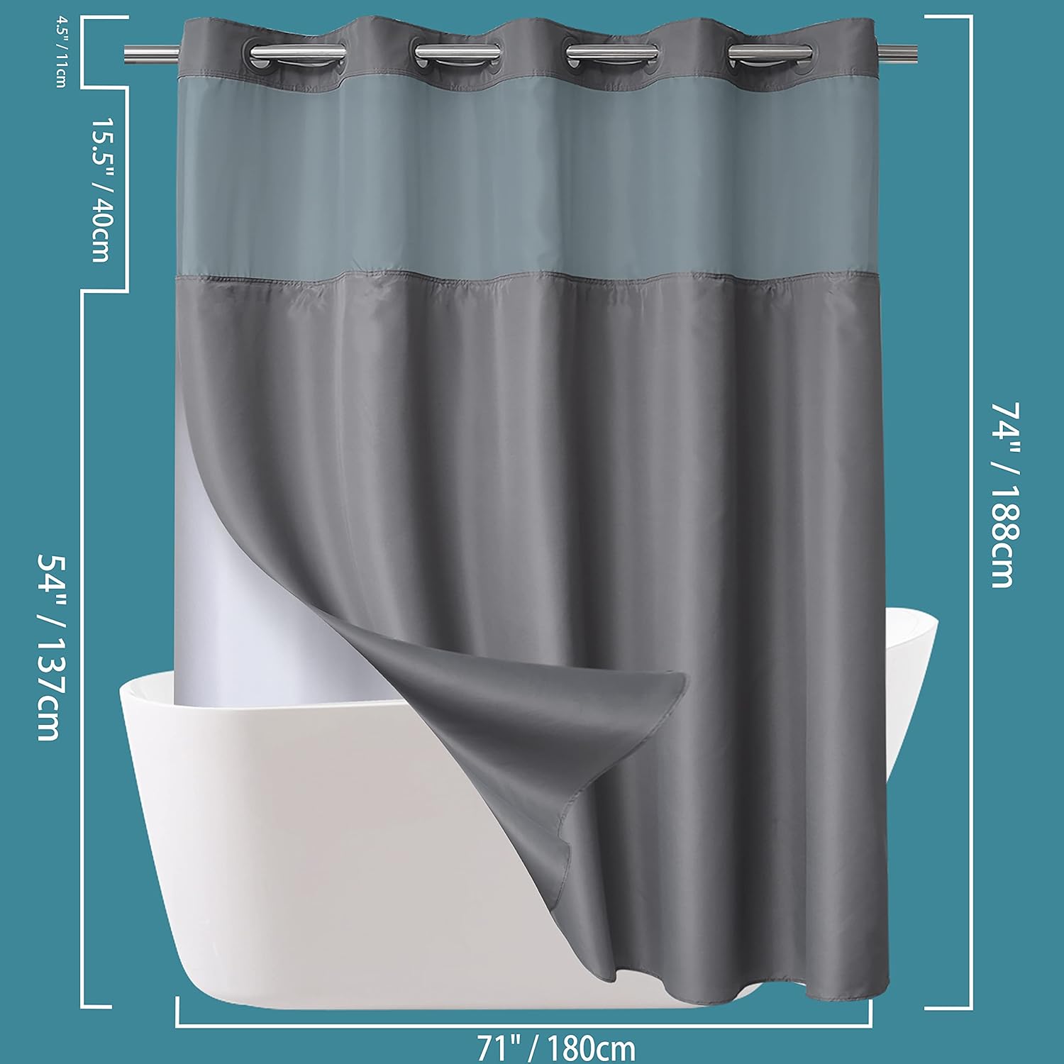Conbo Mio Grey Shower Curtain Liner with Snap In Design
