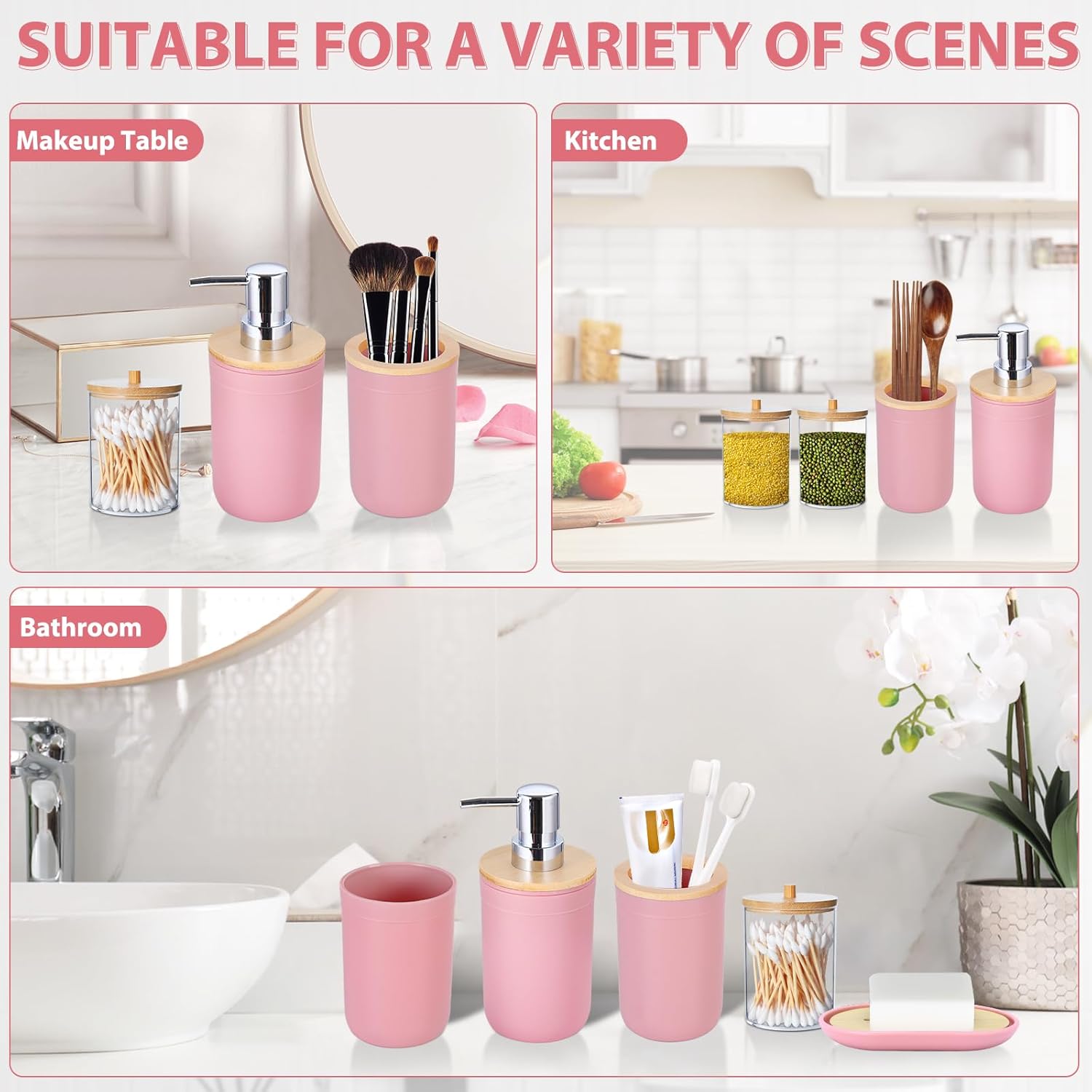 iMucci 5 Piece Bathroom Accessories Set with Pink Bamboo Cover