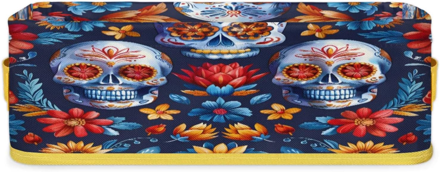 Mexican Floral Skeleton Toilet Paper Basket Organizer with Handles