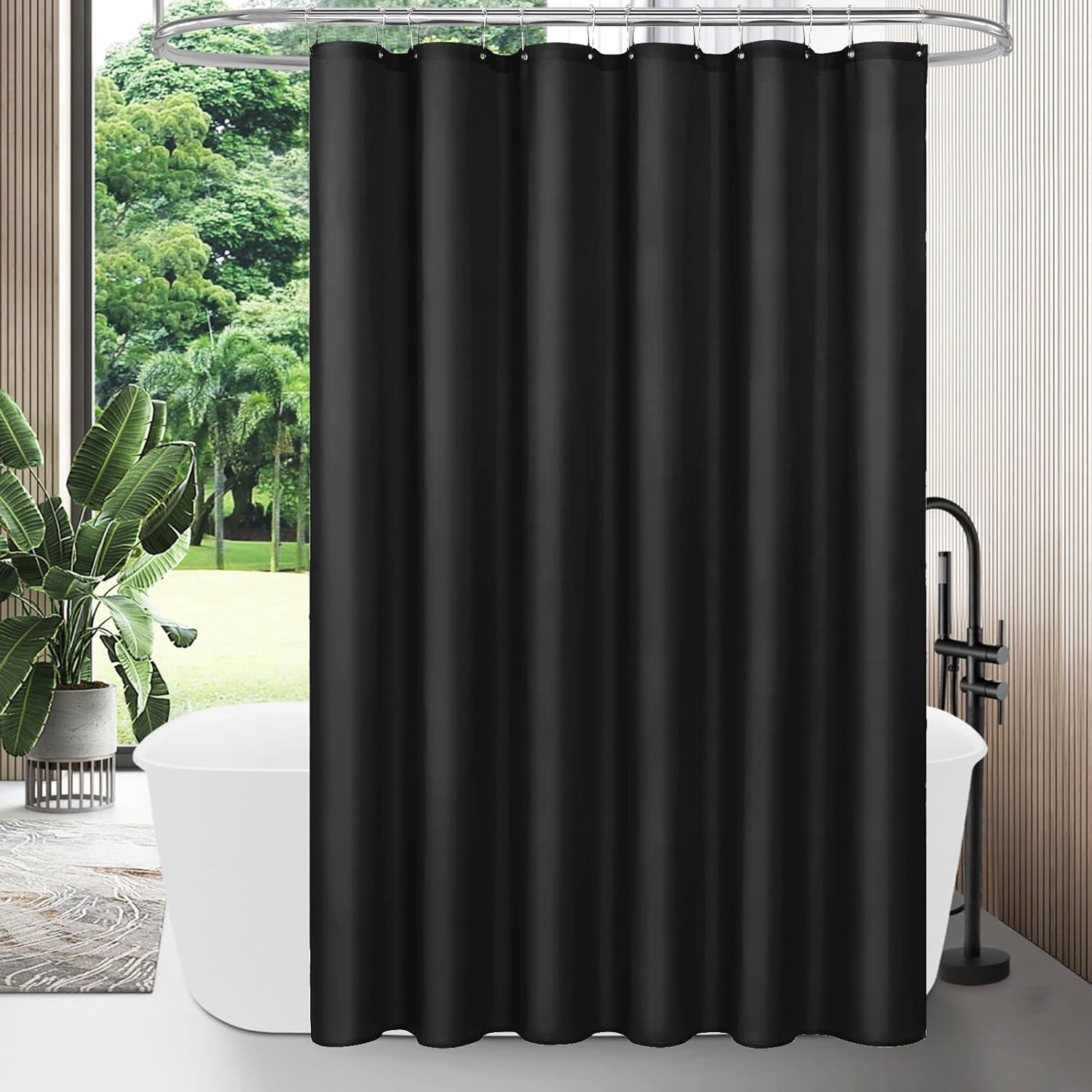 MitoVilla Black Fabric Shower Curtain Liner 72x72 Inches with 12 Plastic Hooks