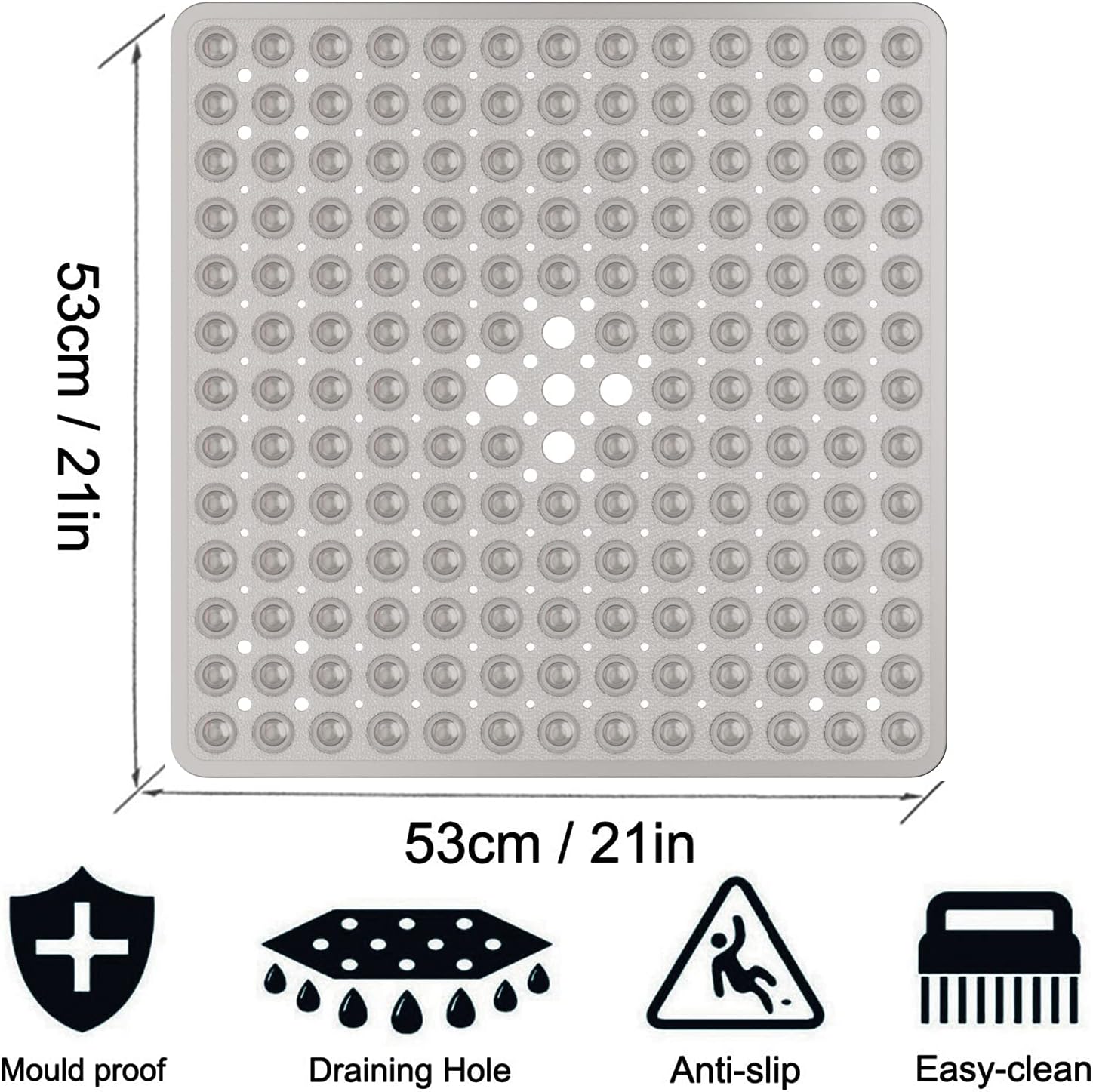 XIYUNTE Square Non Slip Bath Mat - 21x21inch Clear Grey