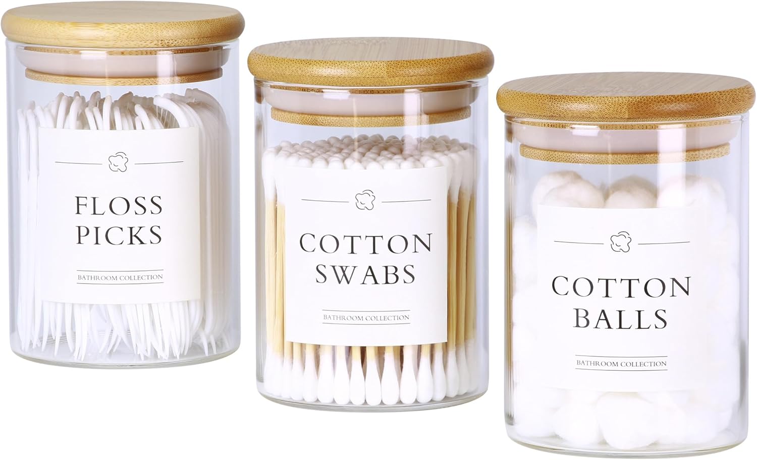 3 Pack QTip Holder Dispenser - Glass Jars with Bamboo Lids