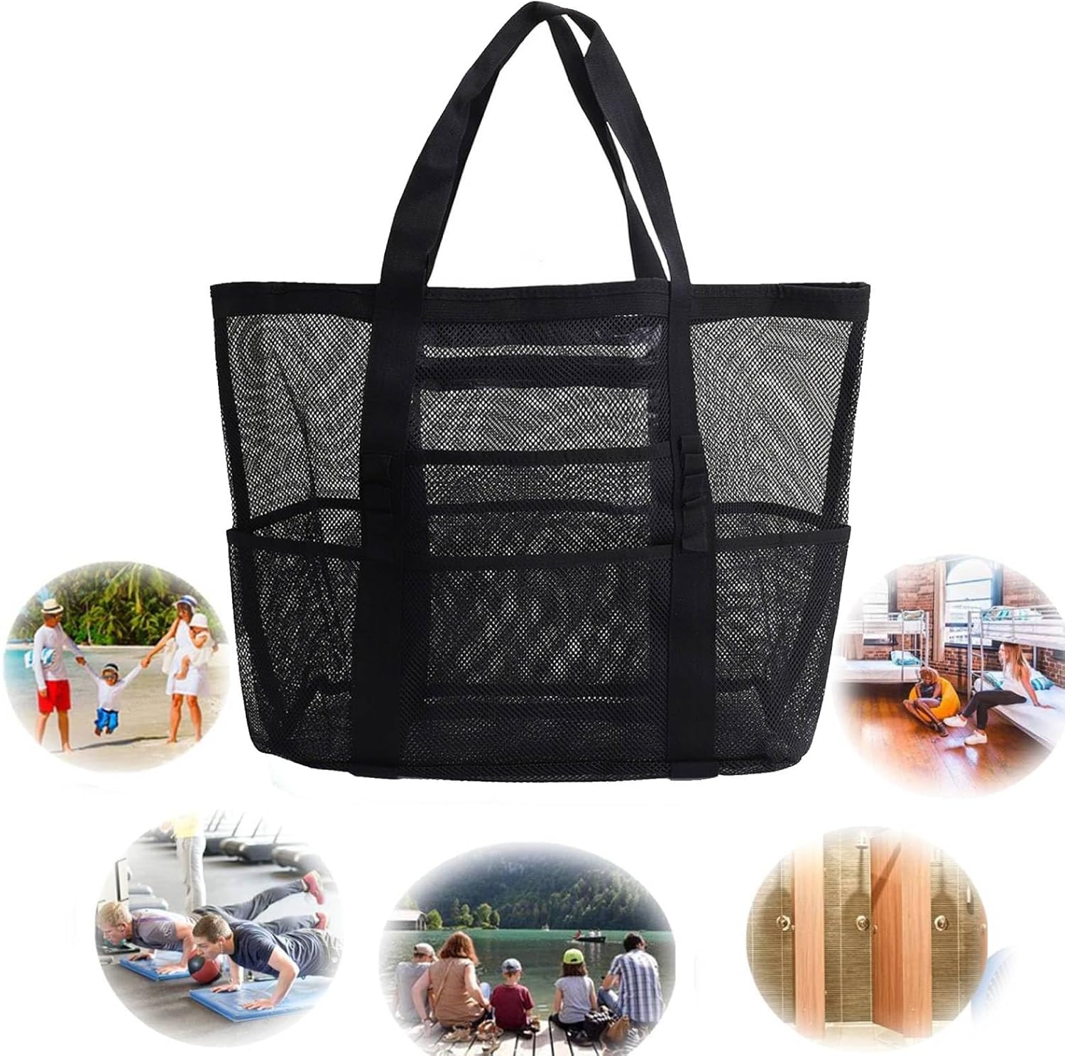 Portable Mesh Shower Caddy with 8 Pockets Black