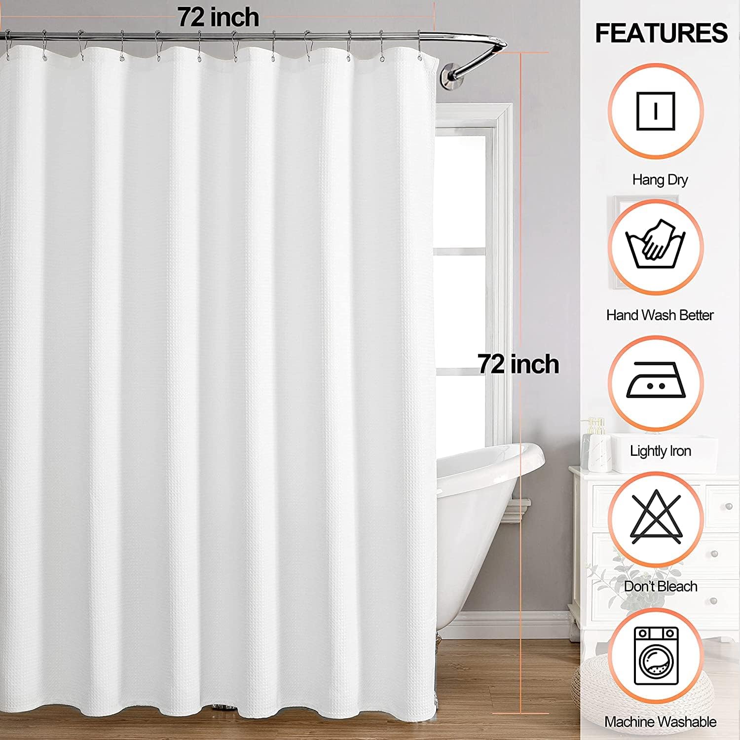 MISS SELECTEX Waterproof Waffle Shower Curtain 230 GSM Heavy Duty White