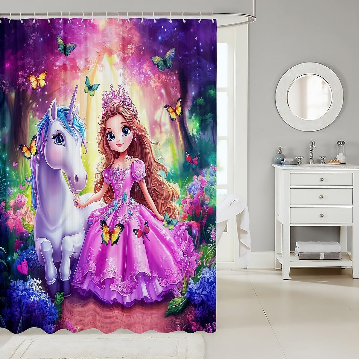 Manfei Kawaii Girl Unicorn Shower Curtain Set