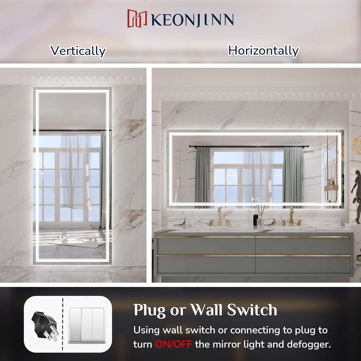 Keonjinn 72 x 32 Inch LED Wall Mirror with Lights