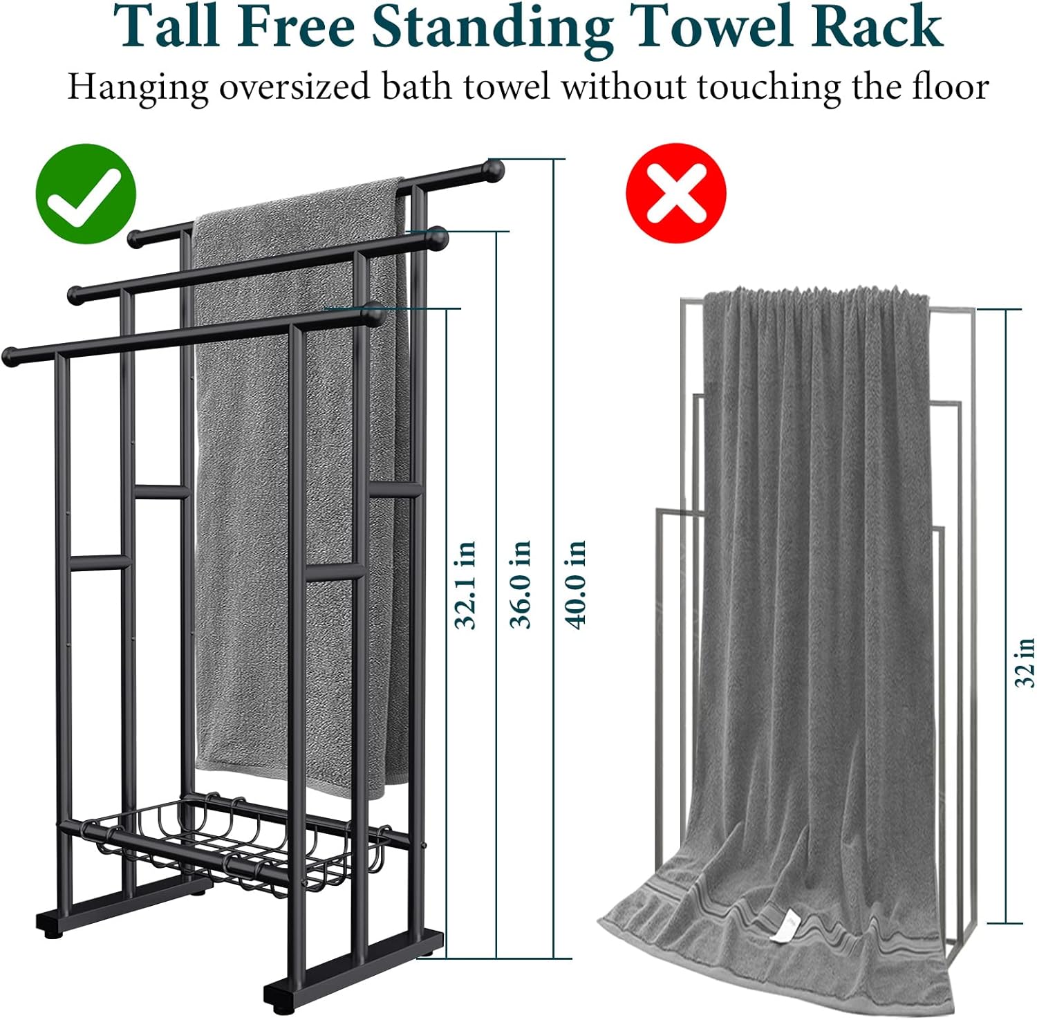 Kayfia 40 H Free Standing Towel Rack 3 Tier with Basket
