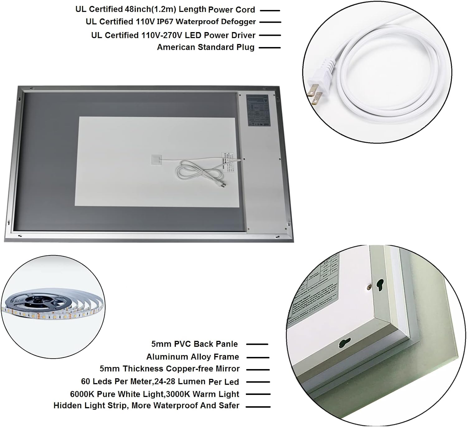 GESIPOR 48x36 Wall-Mounted LED Mirror with Speaker