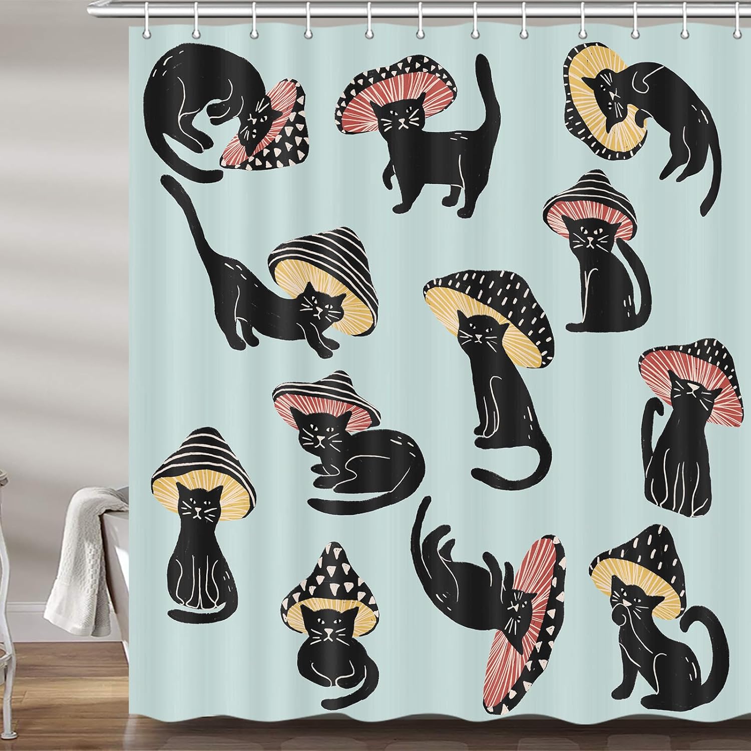 MERCHR Cute Funny Cat Mushroom Shower Curtain 72x72 Inch