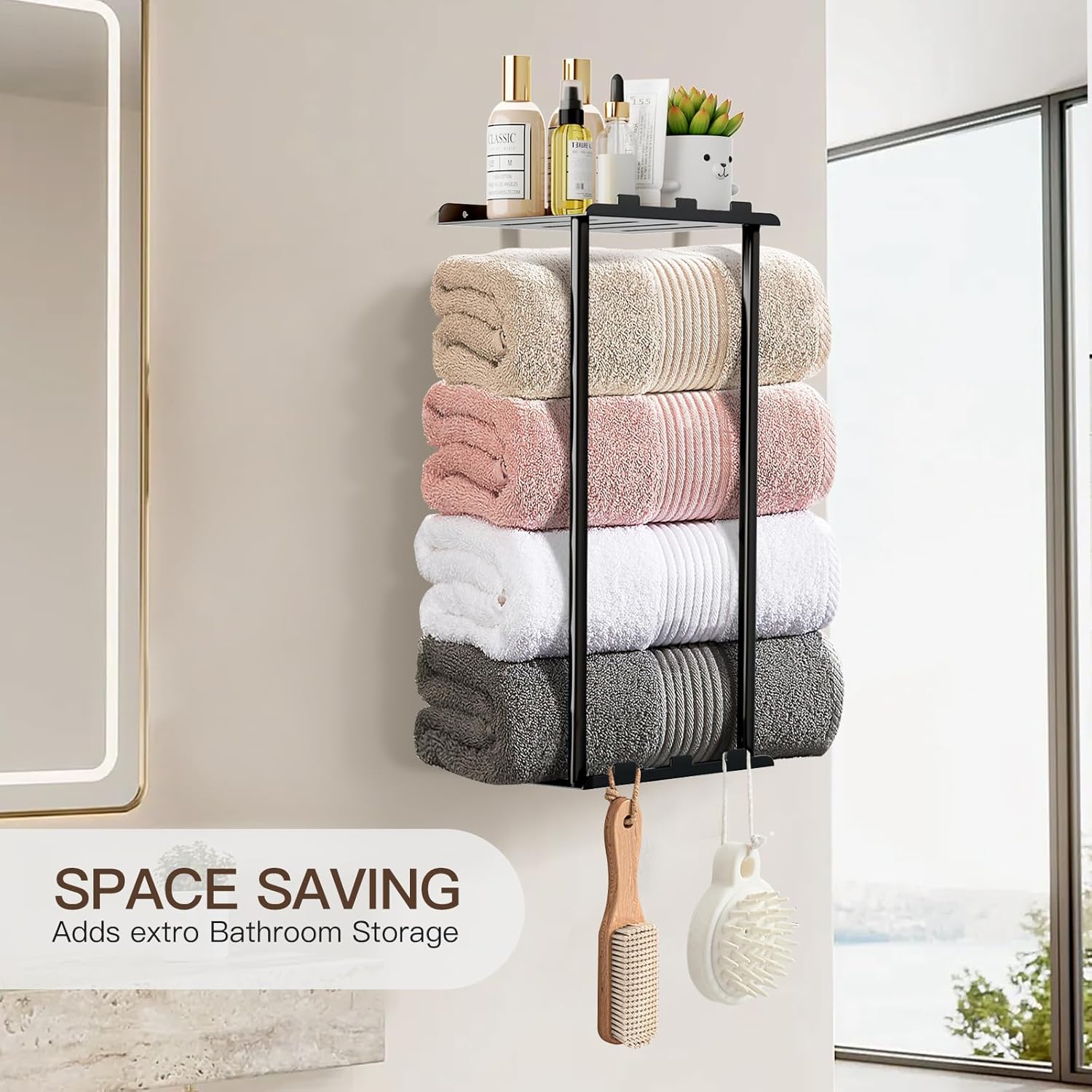 KISENG Towel Rack with Shelf 6 Hooks for Bathroom