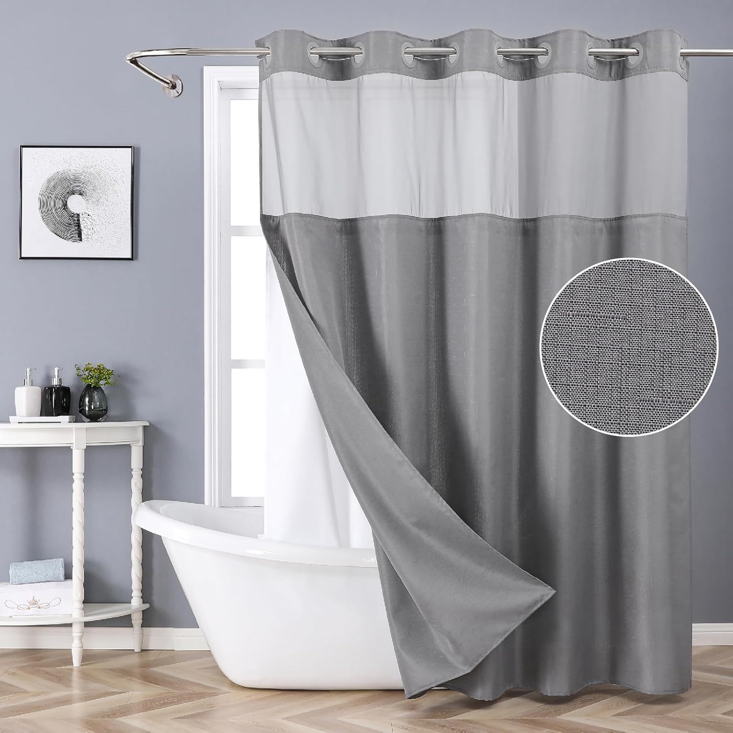 Grey No Hook Shower Curtain with Snap-in Liner Set 1