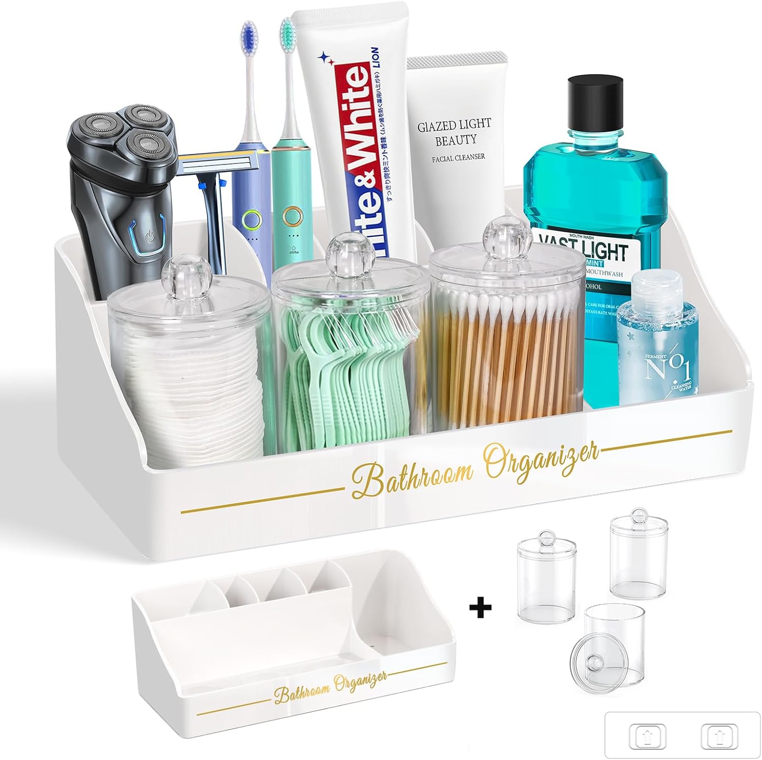 DENSAIL Bathroom Organizer with 3 Qtip Holders and Toothpaste Drainage - White