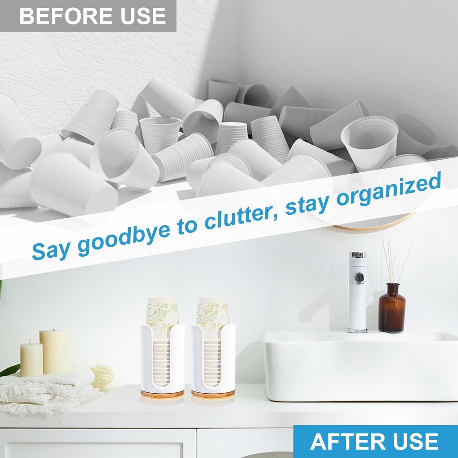 Large Bathroom Cup Dispenser - 2 Pack Plastic Bamboo White