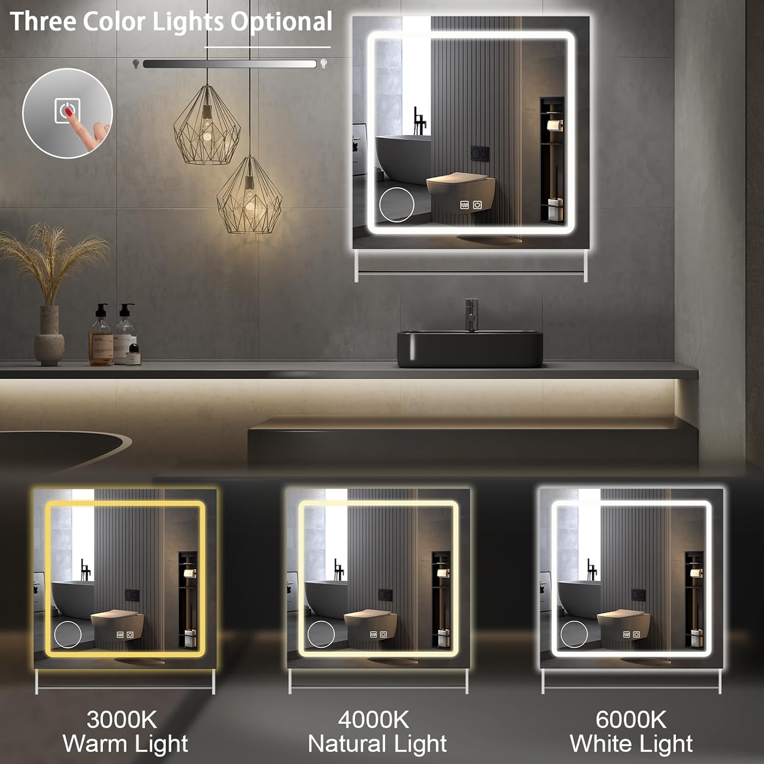Vabches LED Bathroom Mirror 32x36 Anti-Fog Wall Mount