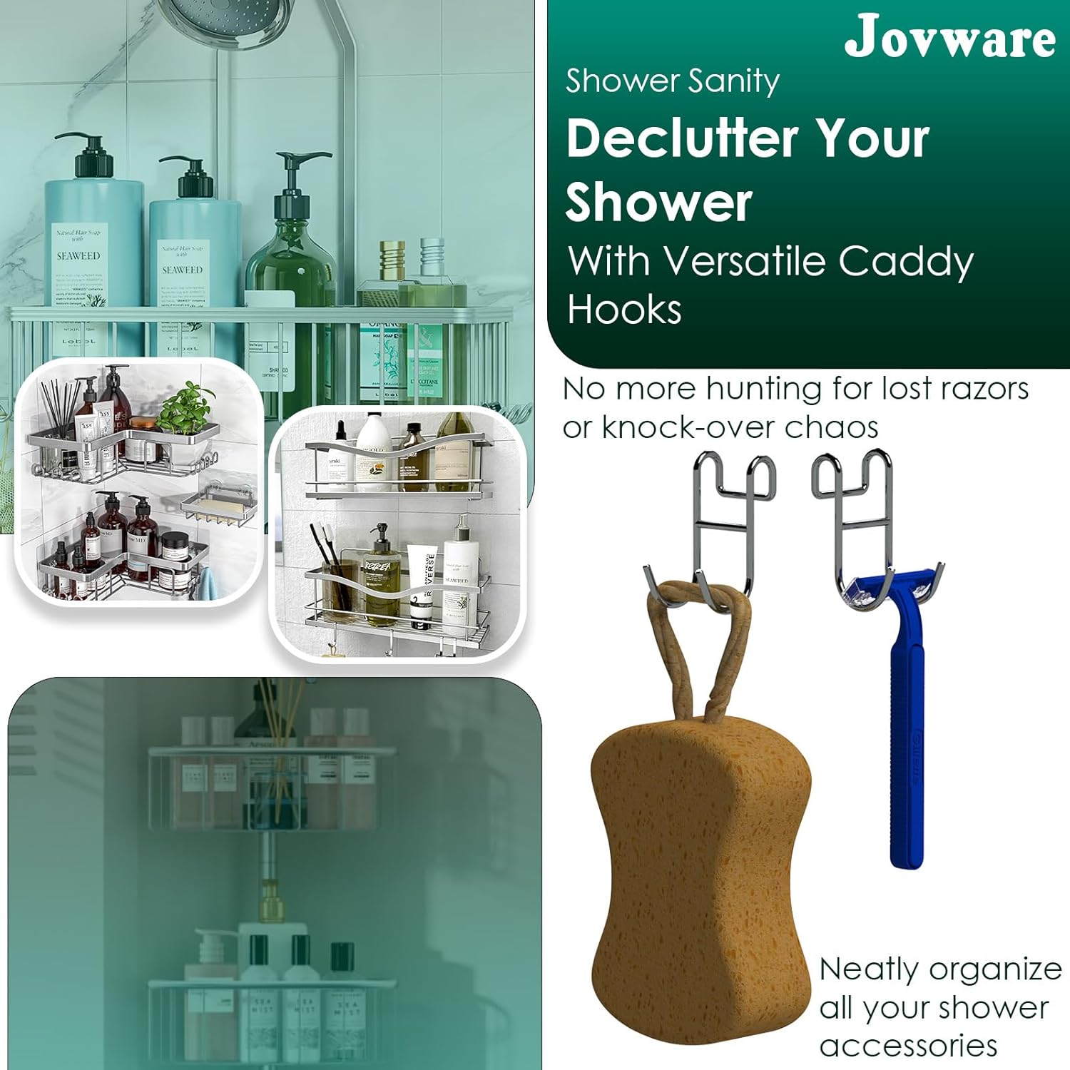 Shower Caddy With Hooks - 2 Pack Silver