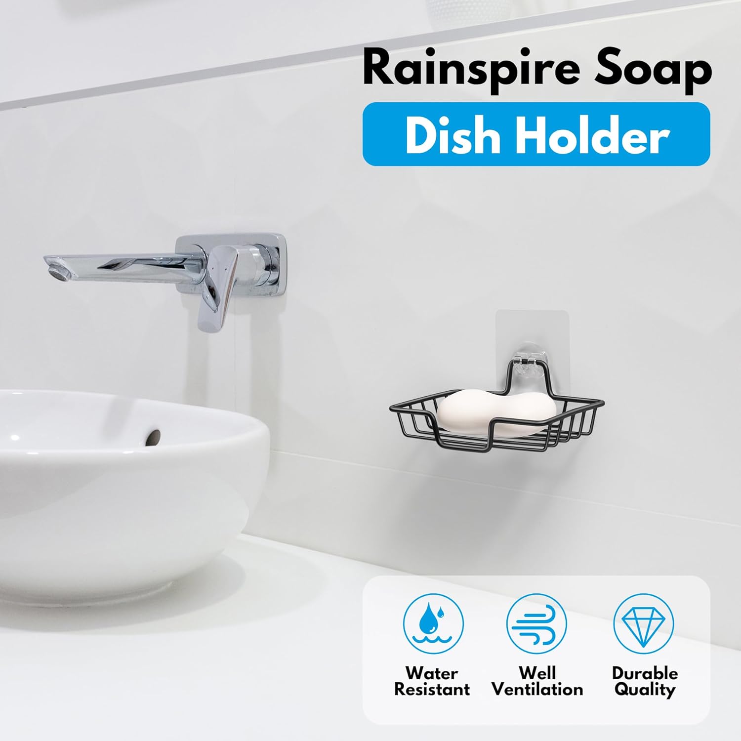 Rainspire Soap Dish Holder No Drilling Black Square