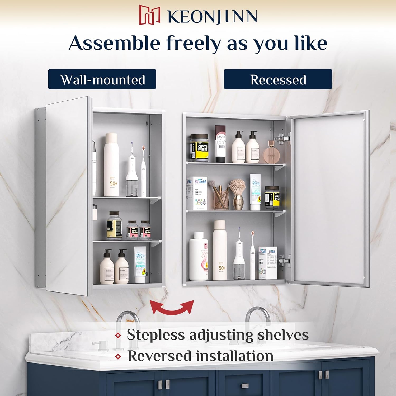 Keonjinn 30x26 Inch Medicine Cabinet with Mirror Silver Frame