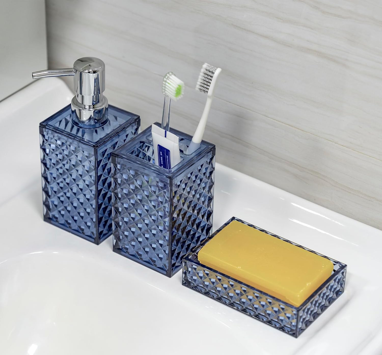 Blue Bathroom Accessories Set 4PCS Dark Navy Diamond Pattern