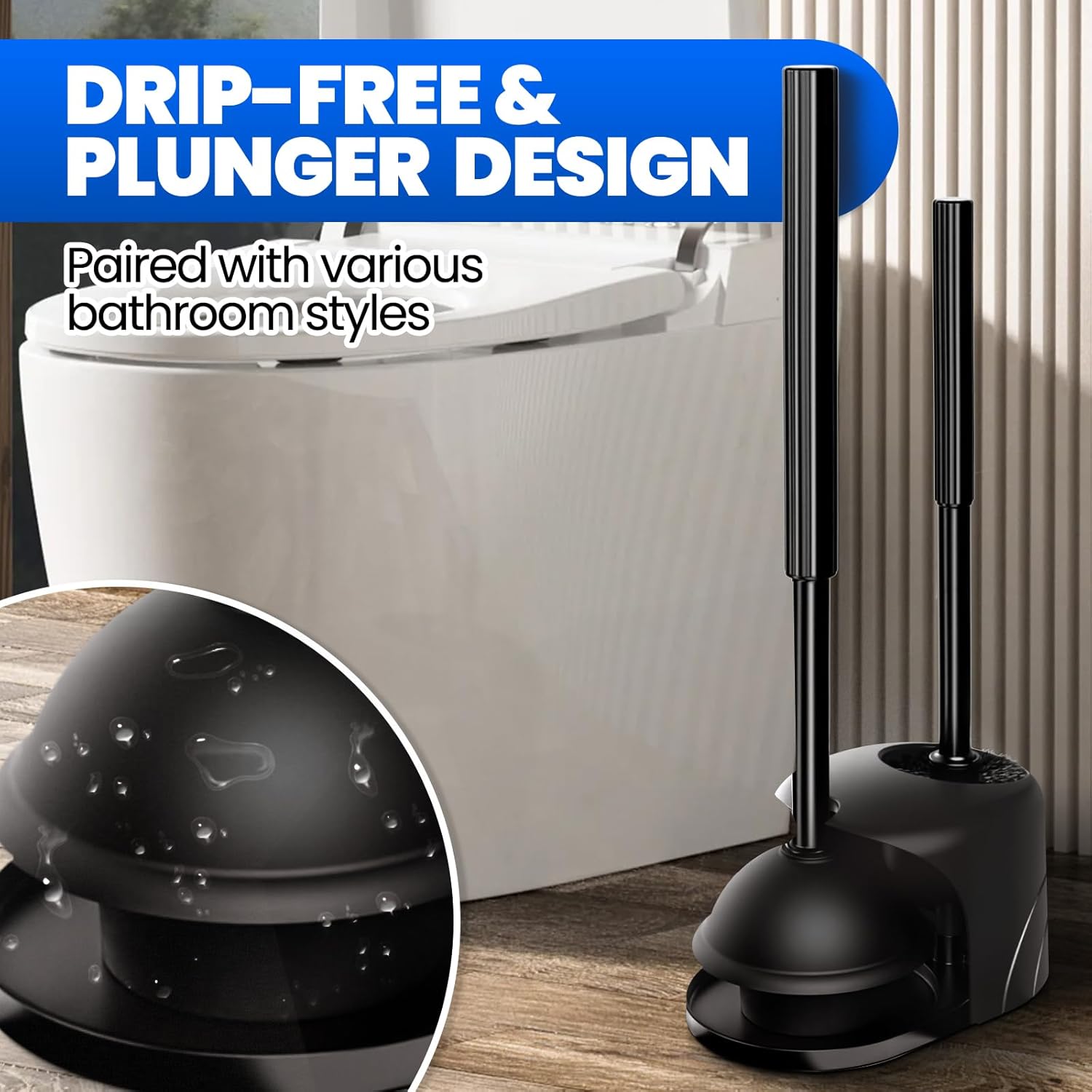 Denvlex 2 in 1 Toilet Brush and Plunger Set Black 20inch