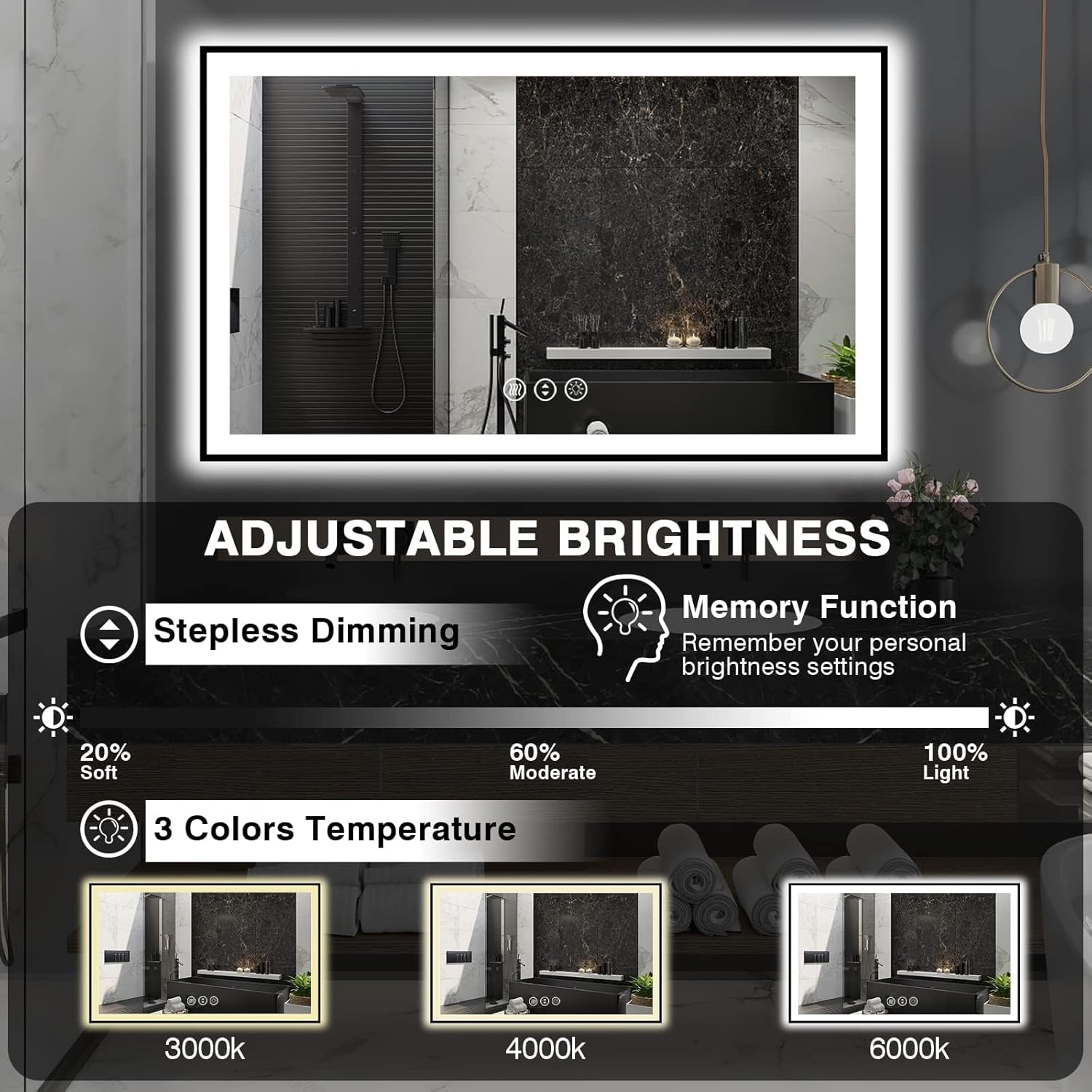 EchosLife 60x36 LED Mirror with Black Aluminum Frame