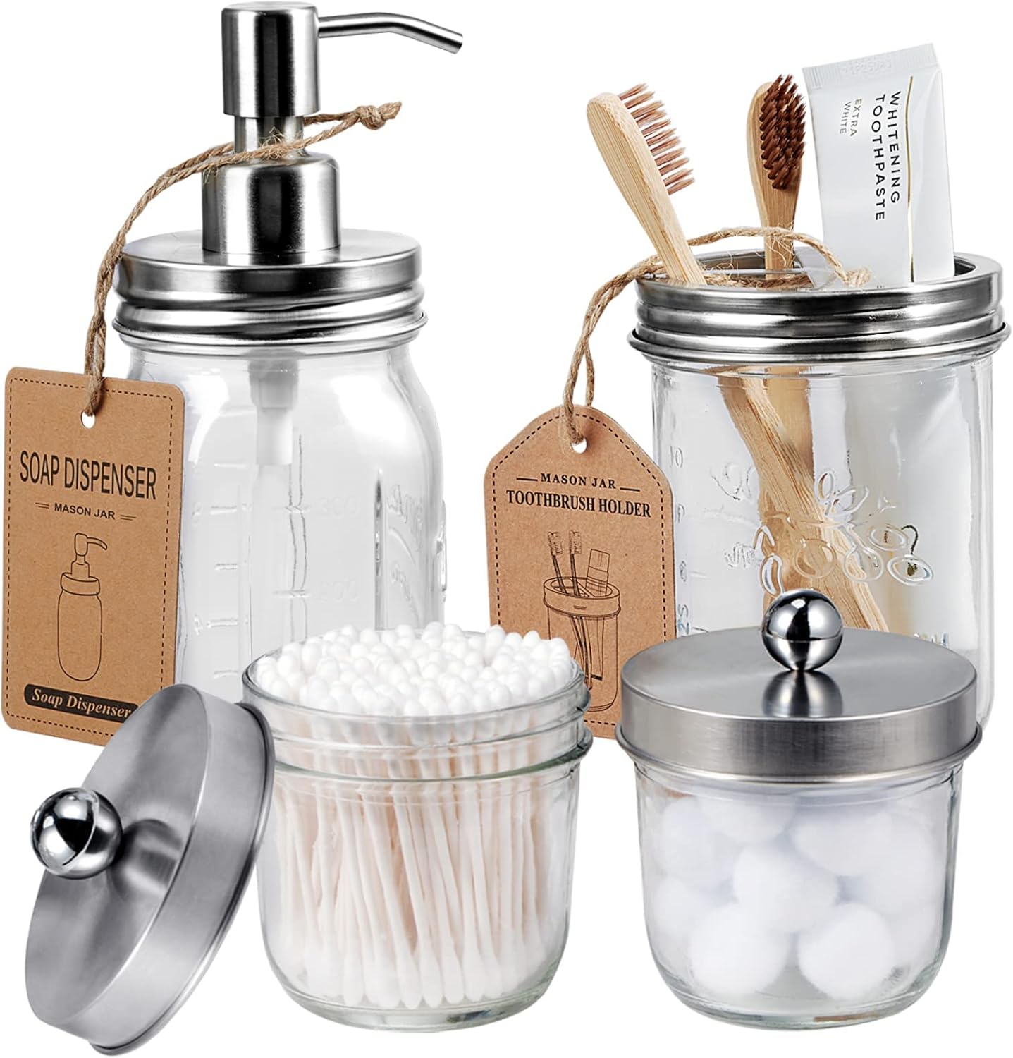 Amolliar 4-Pack Mason Jar Bathroom Accessories Set - Brushed Nickel