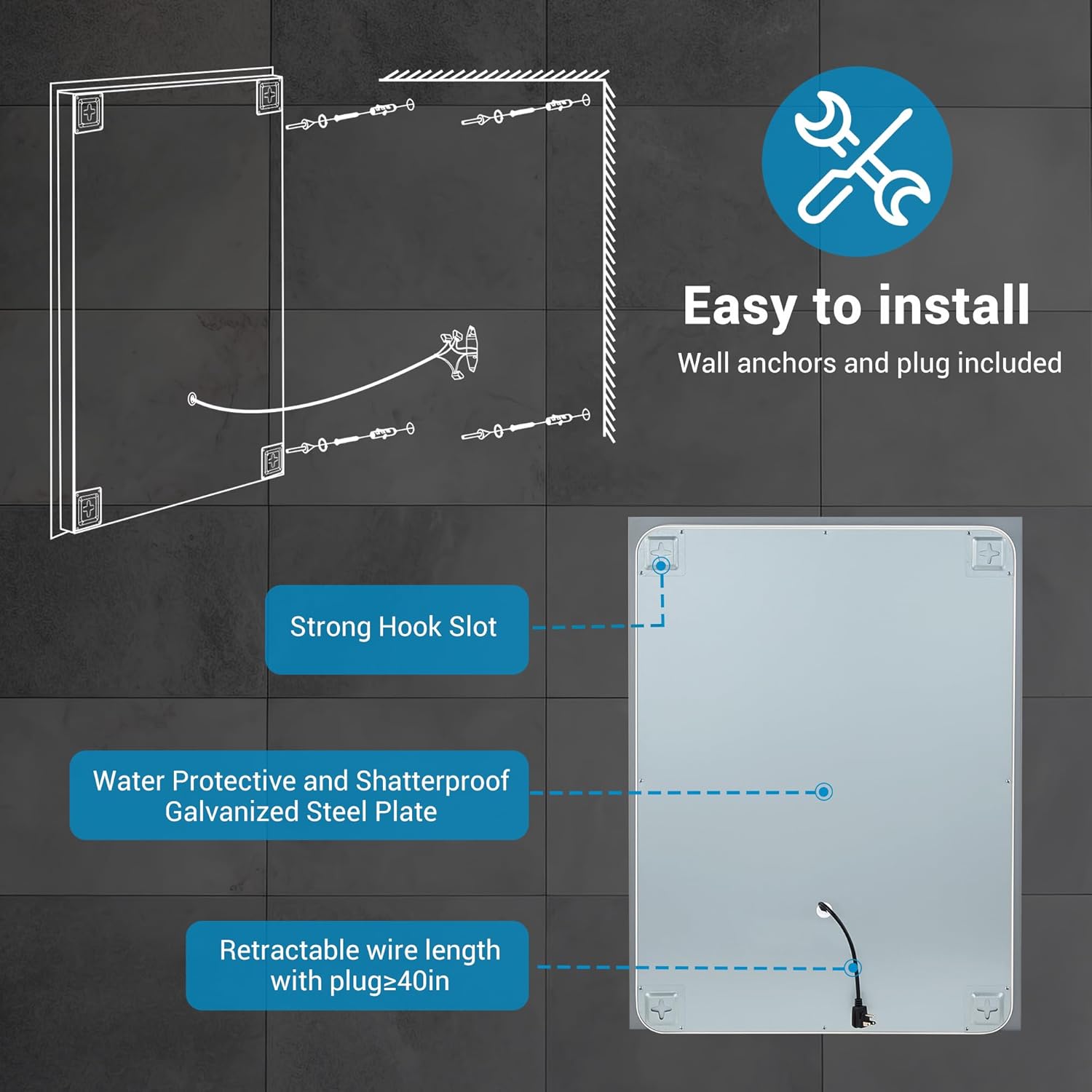 Silumin 32x24 LED Wall Mirror with Defog and Dimmable Light