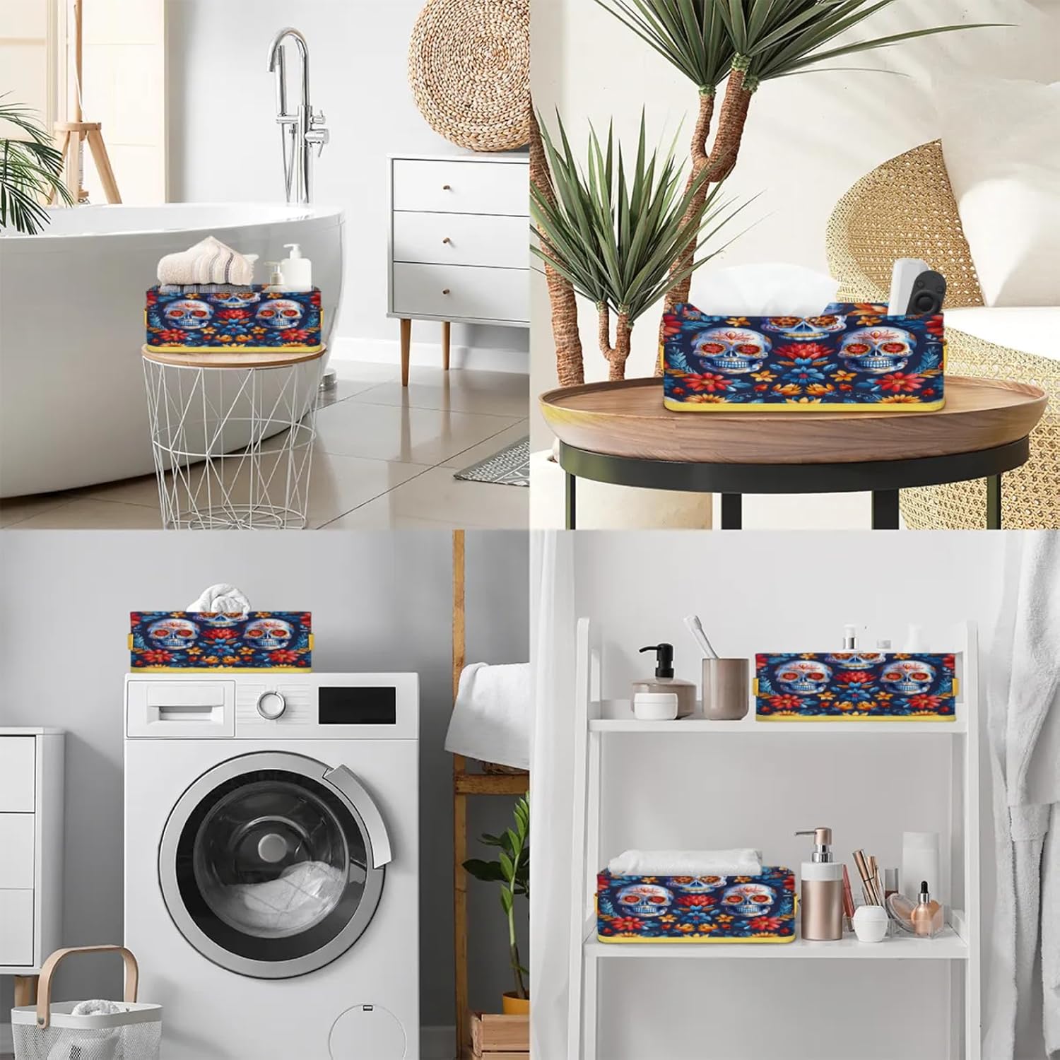 Mexican Floral Skeleton Toilet Paper Basket Organizer with Handles