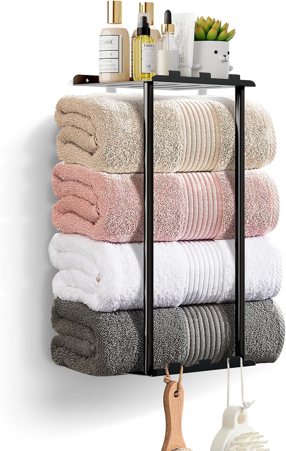 KISENG Towel Rack with Shelf 6 Hooks for Bathroom