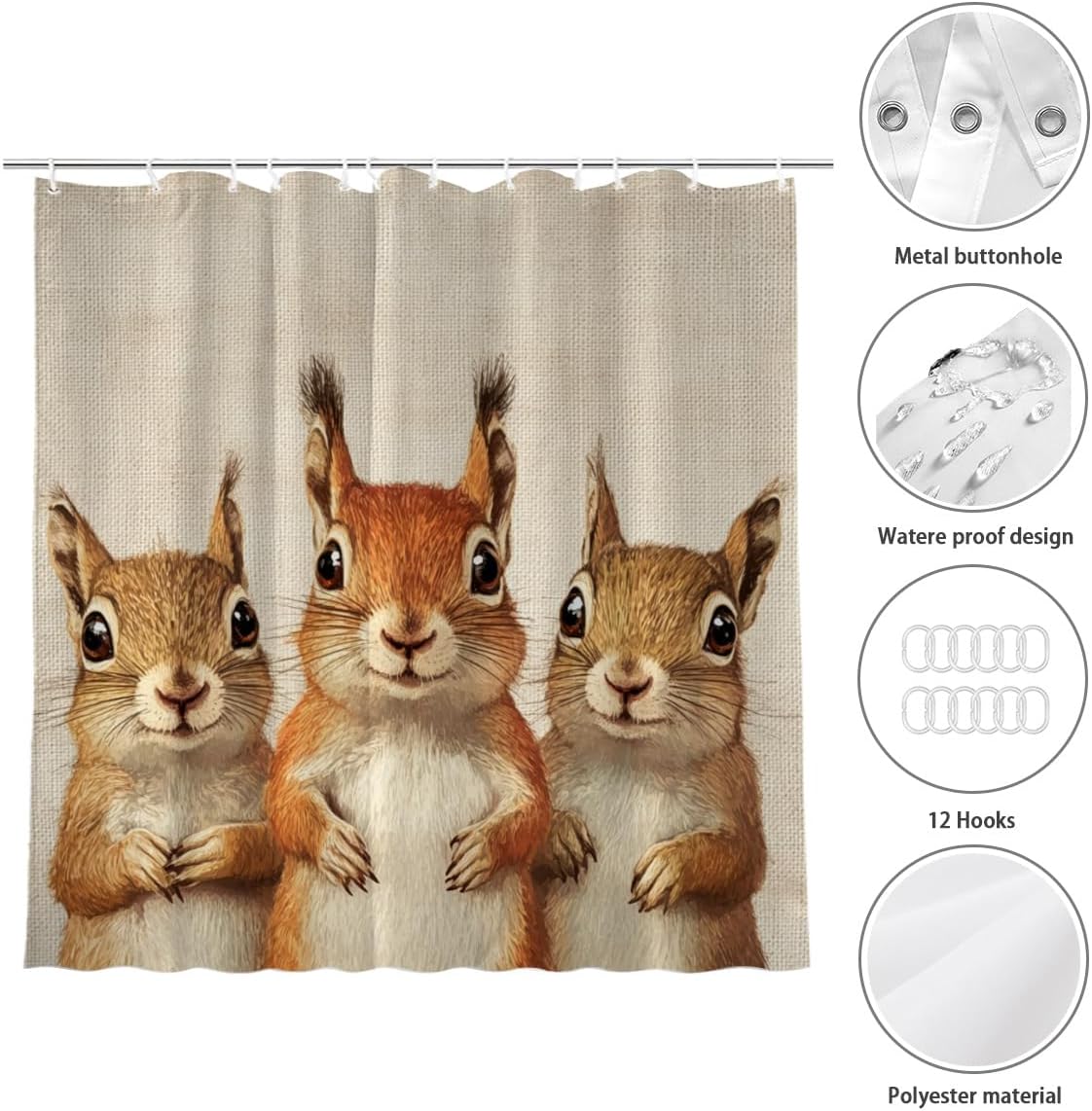 Funny Squirrel Design Shower Curtain Set with 12 Hooks 72x72