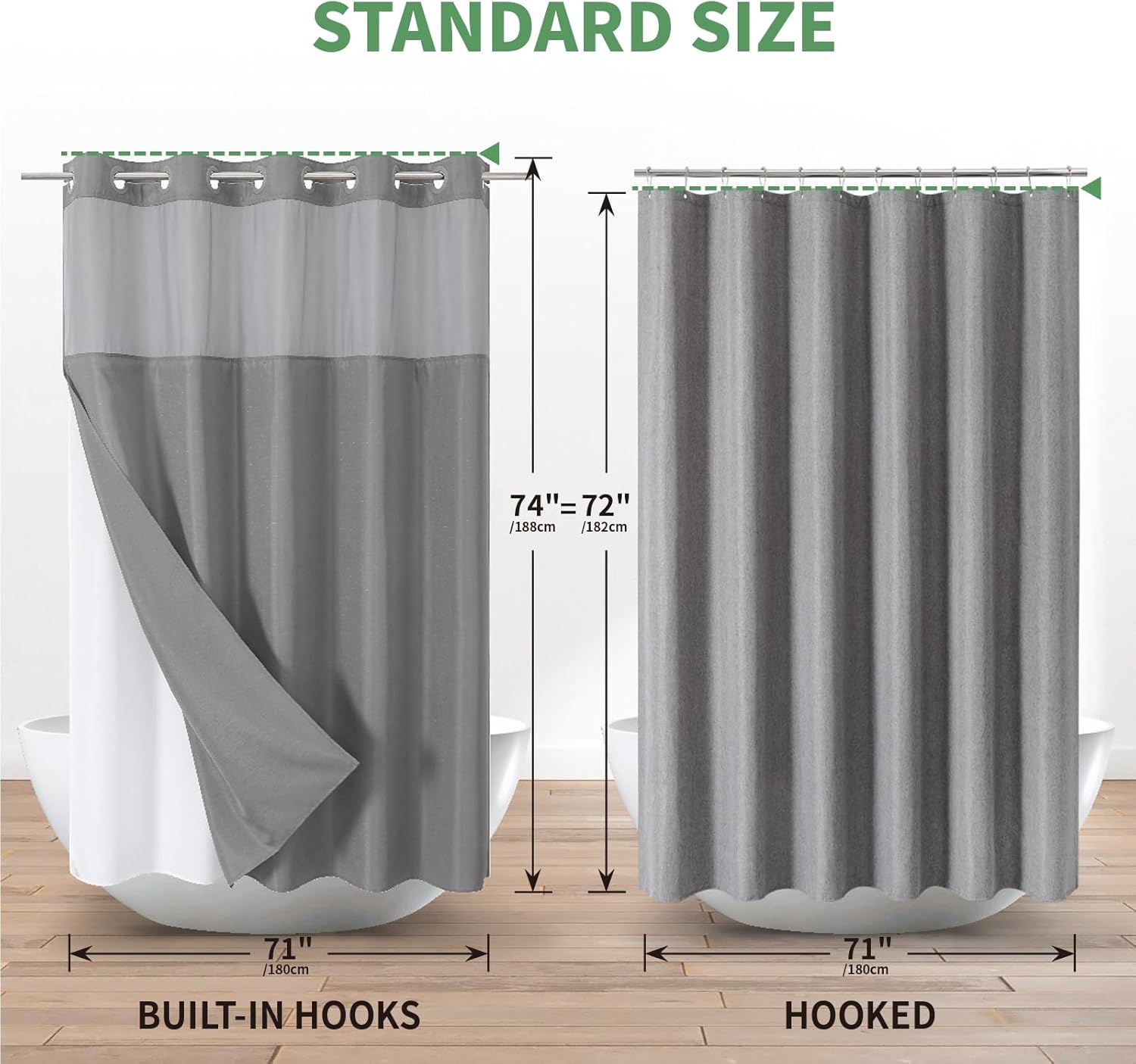 Grey No Hook Shower Curtain with Snap-in Liner Set 1