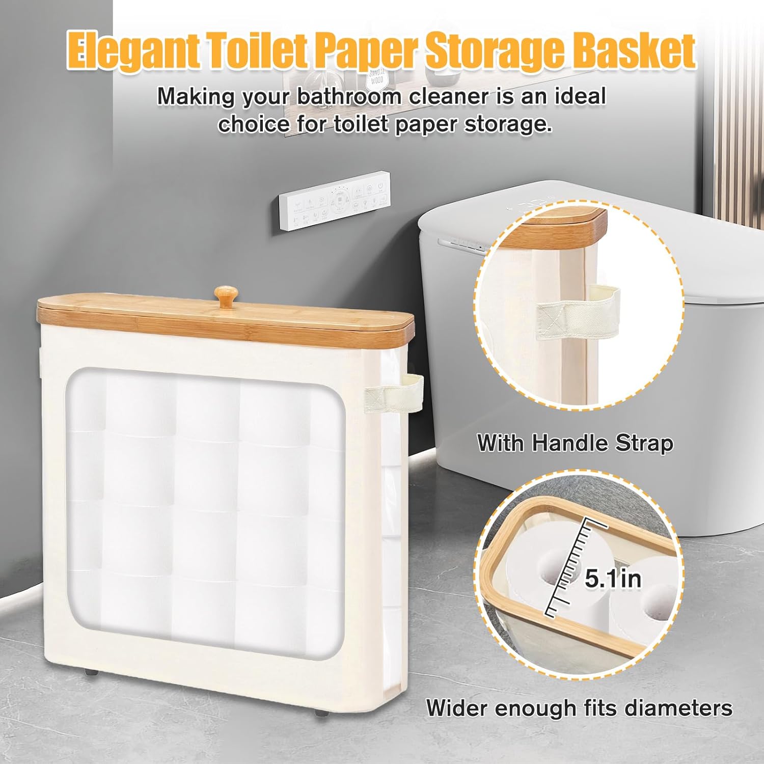 Beige Toilet Paper Basket with Lid and Large Window