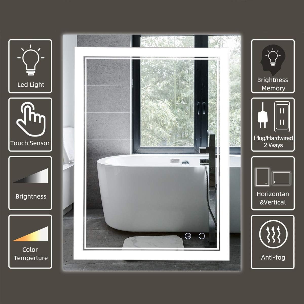 COOL2DAY 36x24 Inch LED Bathroom Mirror with Touch Control and Anti-Fog