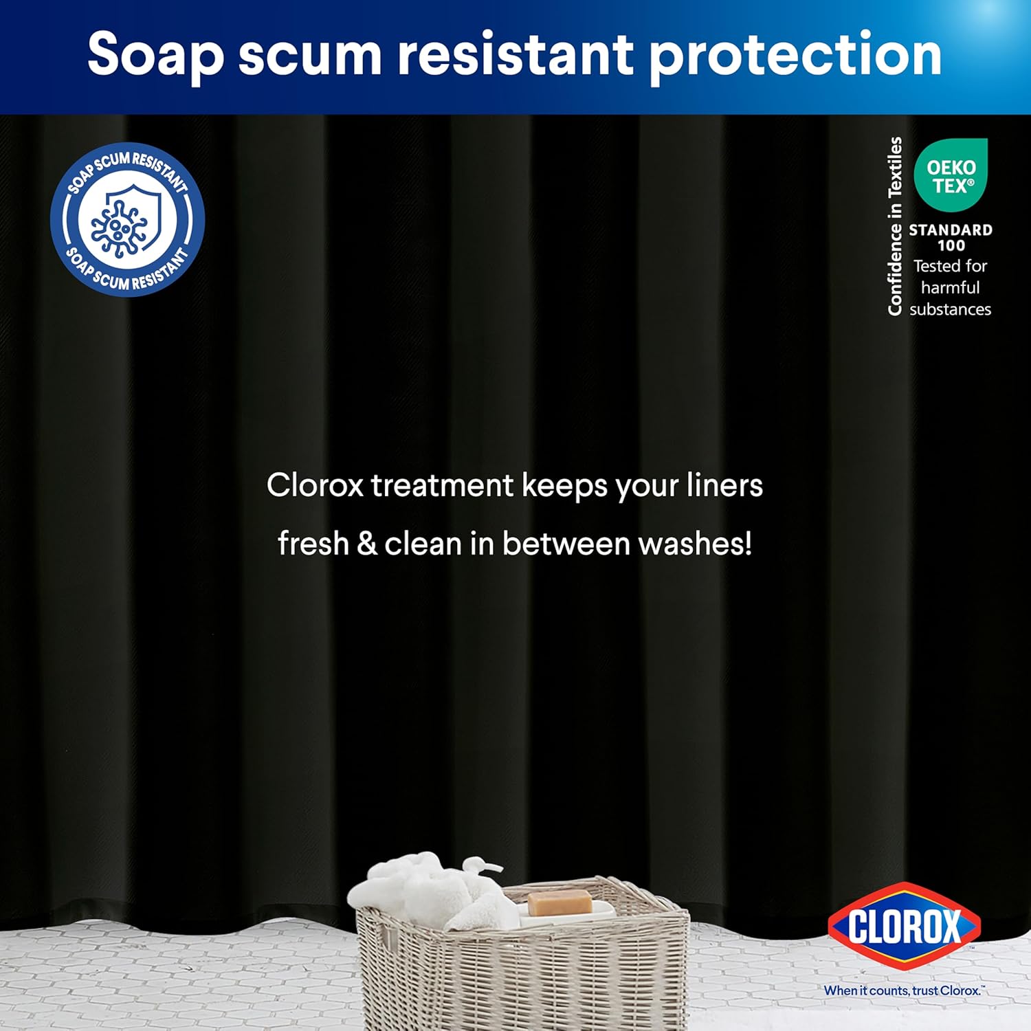 CLOROX 2-in-1 Shower Curtain Liner 72x72 Black Durable Water Resistant