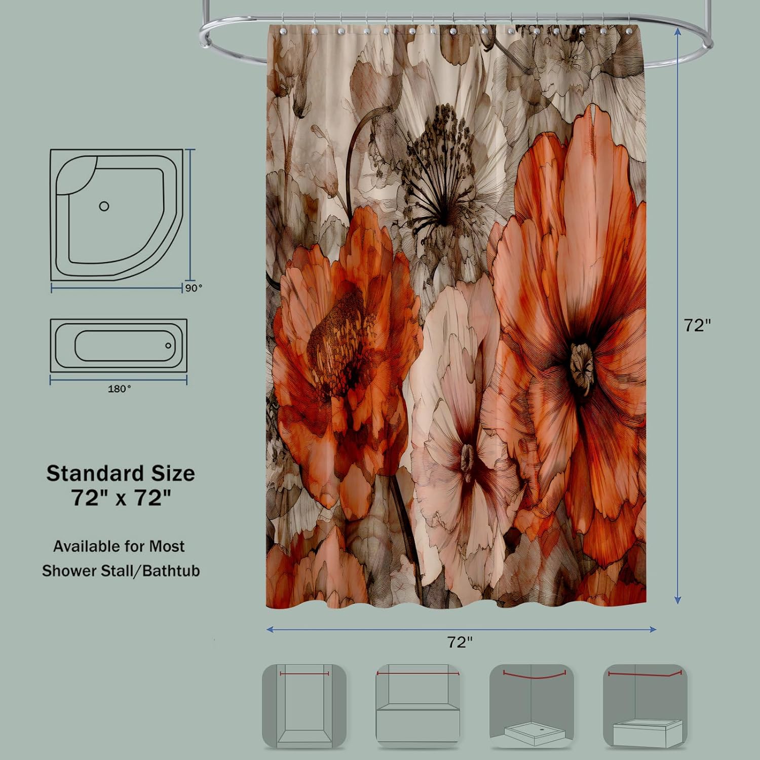 YAEHOCO Brown Red Flower Shower Curtain 72x72 Inch 1