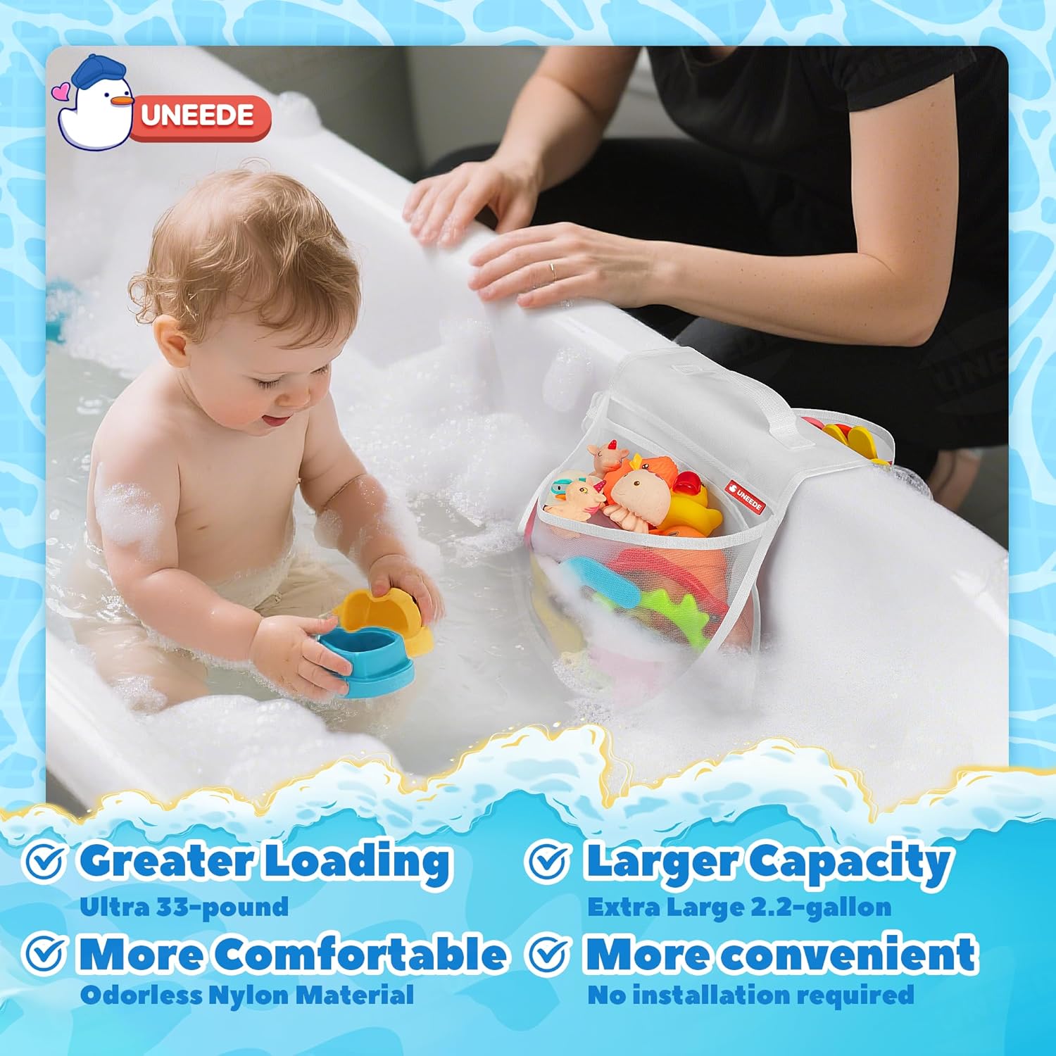 UNEEDE Bathtub Toy Organizer with Grip and Pockets