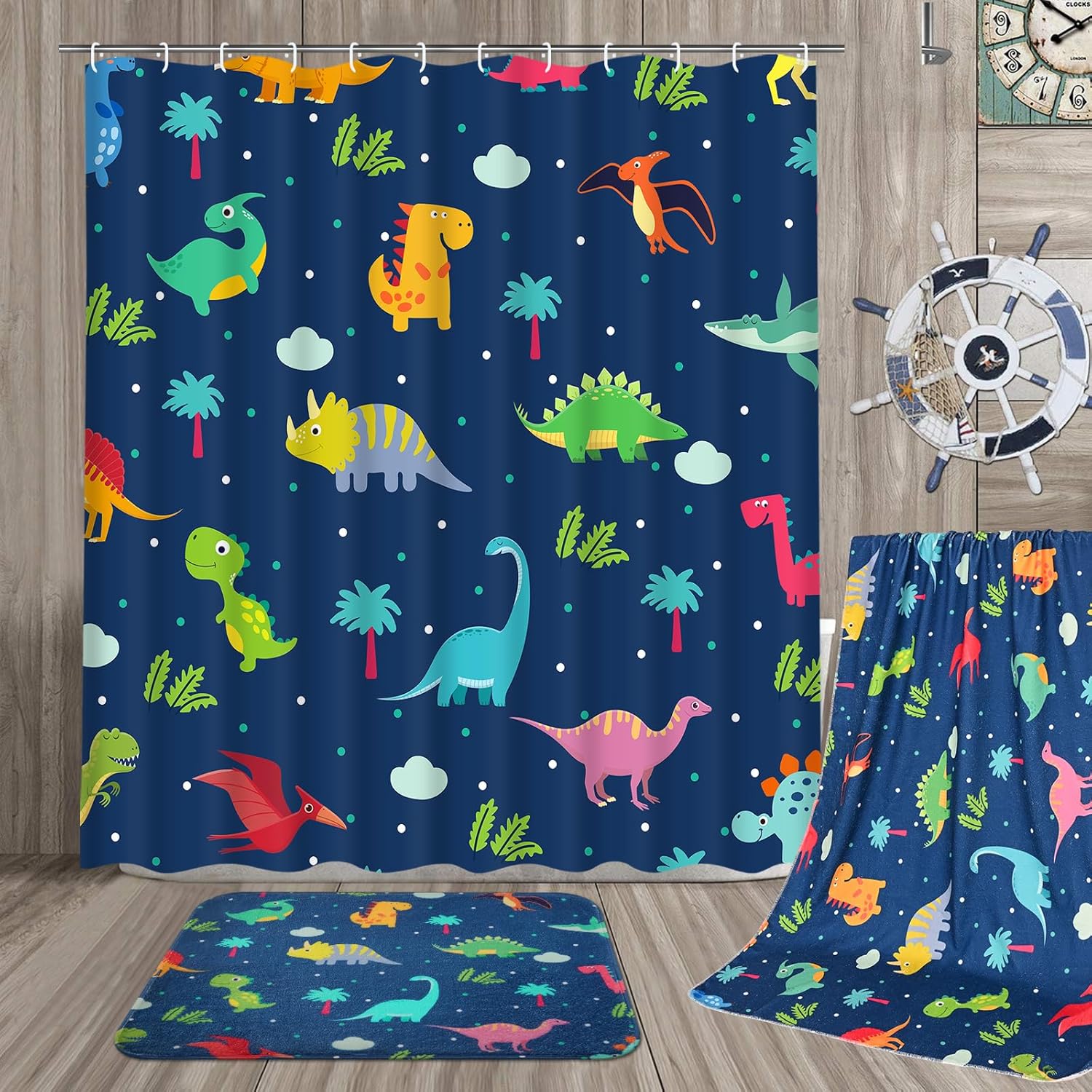 Ikfashoni 7 Pcs Dinosaur Bath Set with Non-Slip Rug and Towels