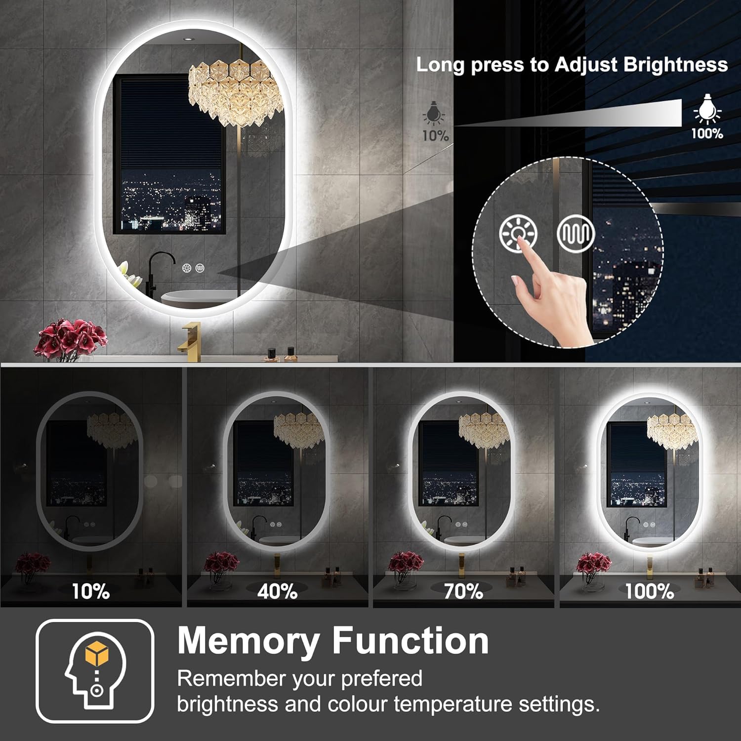 Sbagno 20x36 Inch Oval LED Mirror with Lights and Memory Function