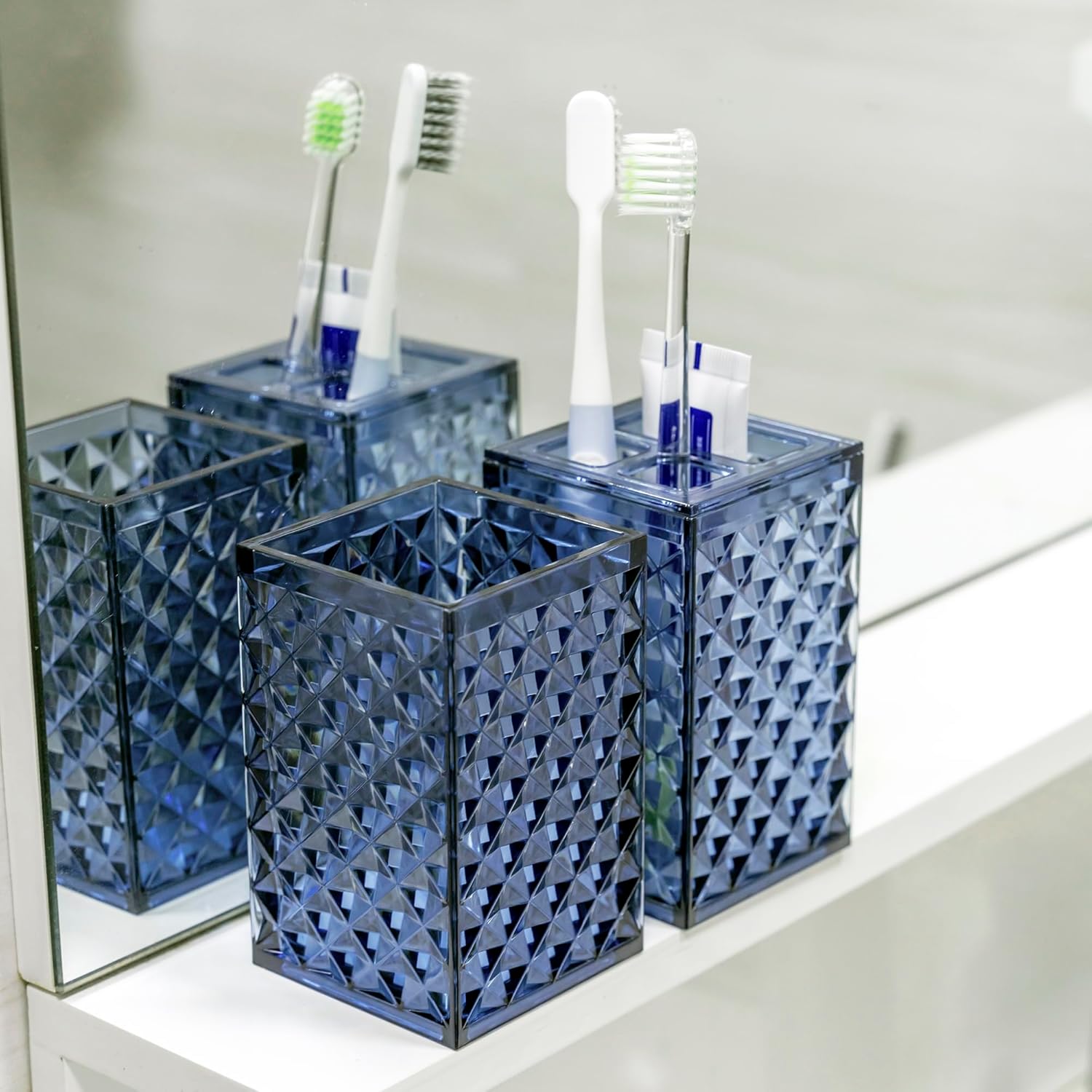 Blue Bathroom Accessories Set 4PCS Dark Navy Diamond Pattern