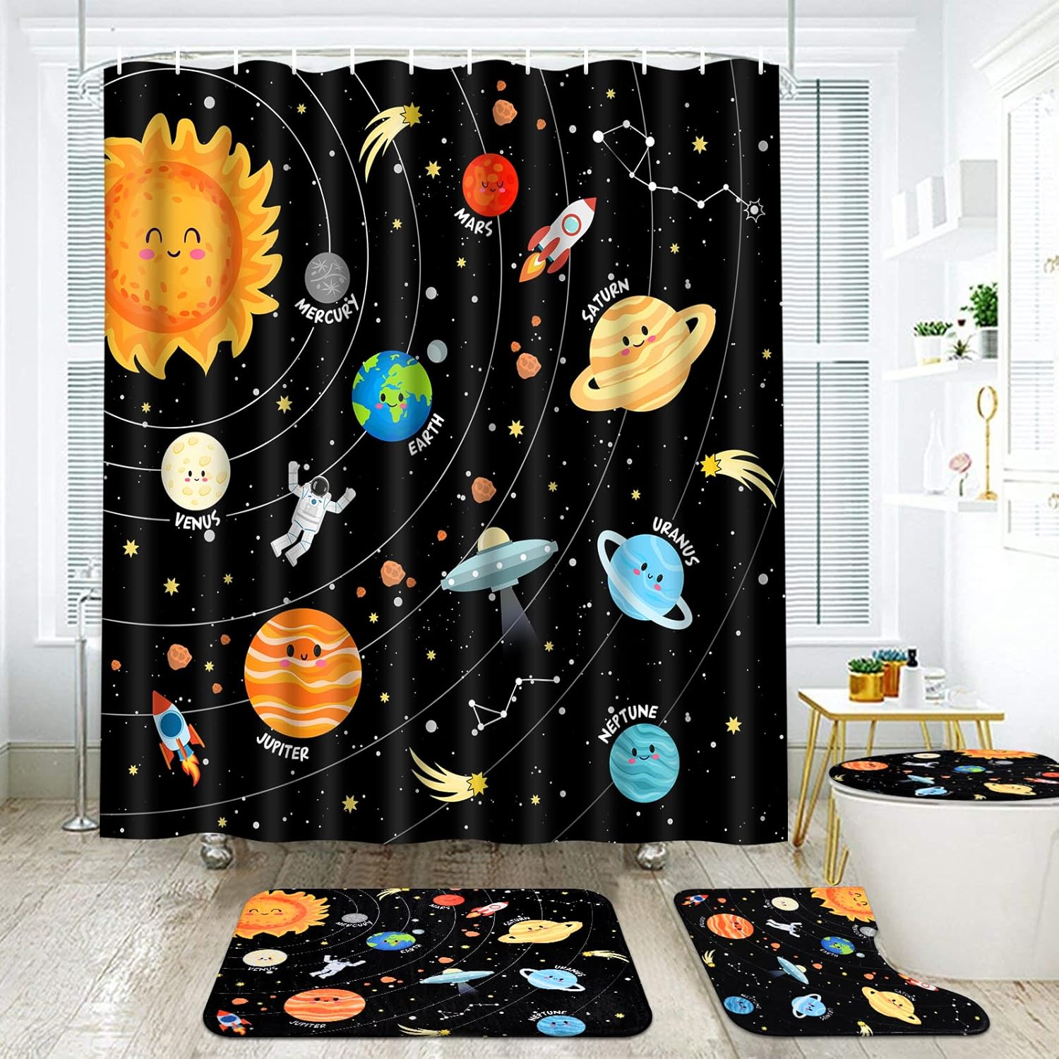 Alishomtll 4 Pcs Black Space Kids Bathroom Set