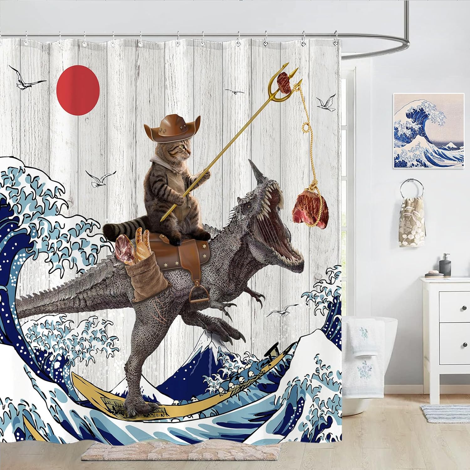 Fowocu Funny Dinosaur Cat Shower Curtain