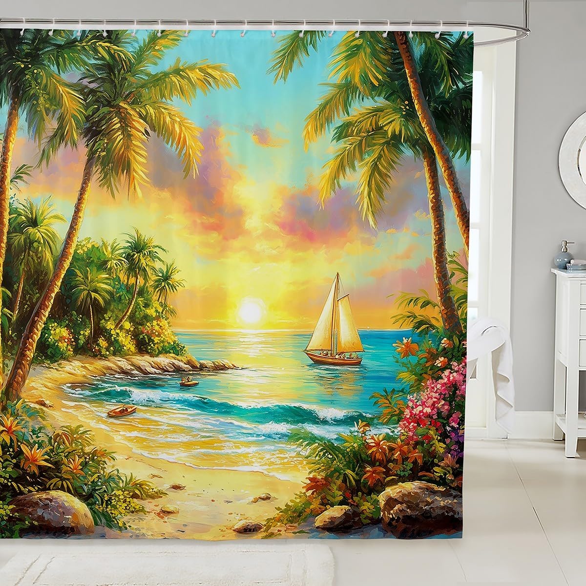 Manfei Tropical Ocean Beach Shower Curtain Set with 12 Hooks 72x72