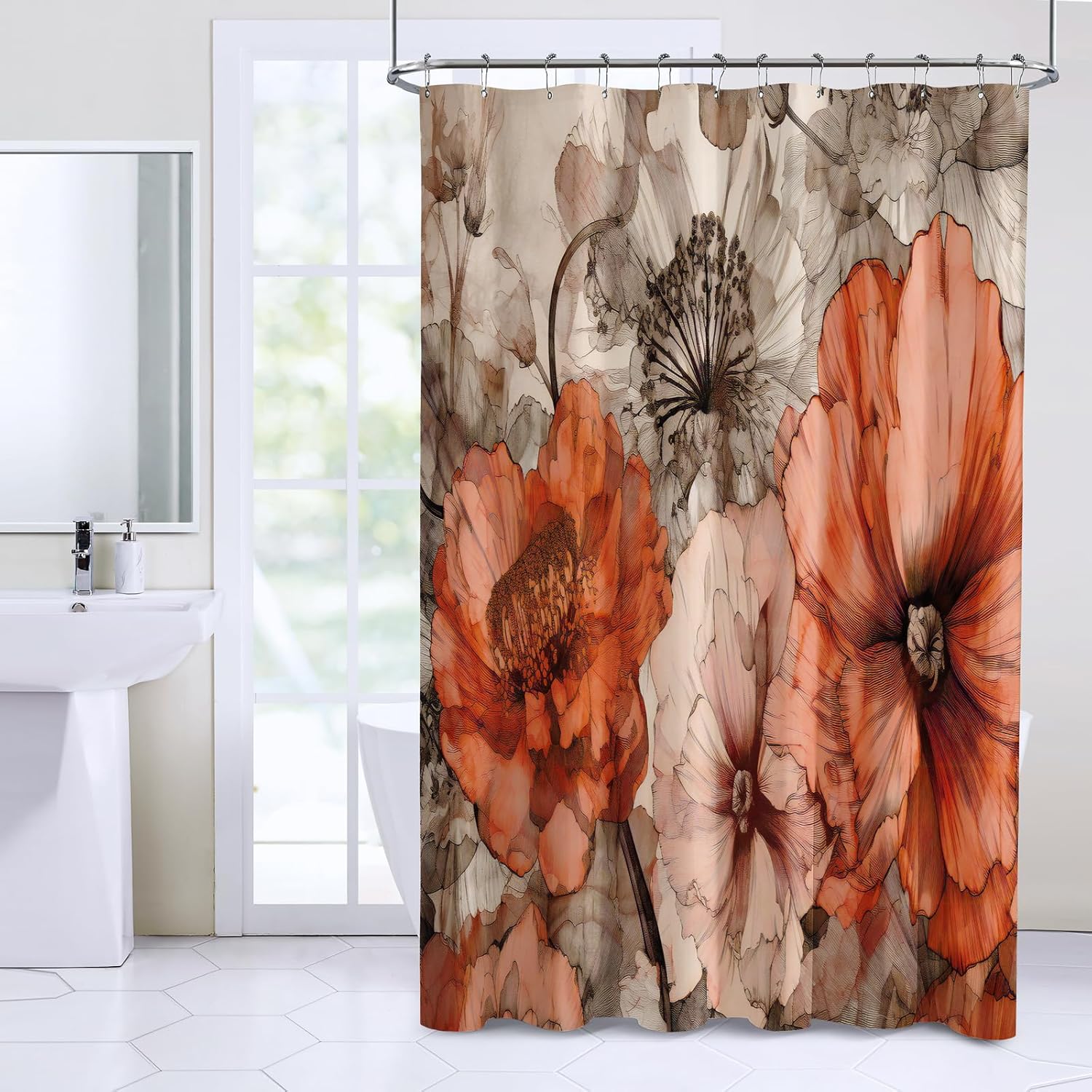 YAEHOCO Brown Red Flower Shower Curtain 72x72 Inch 1