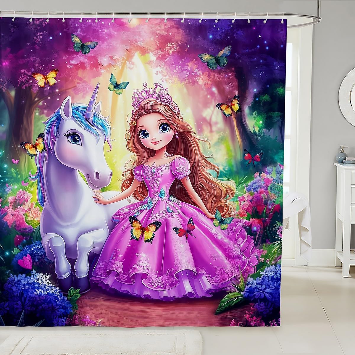 Manfei Kawaii Girl Unicorn Shower Curtain Set