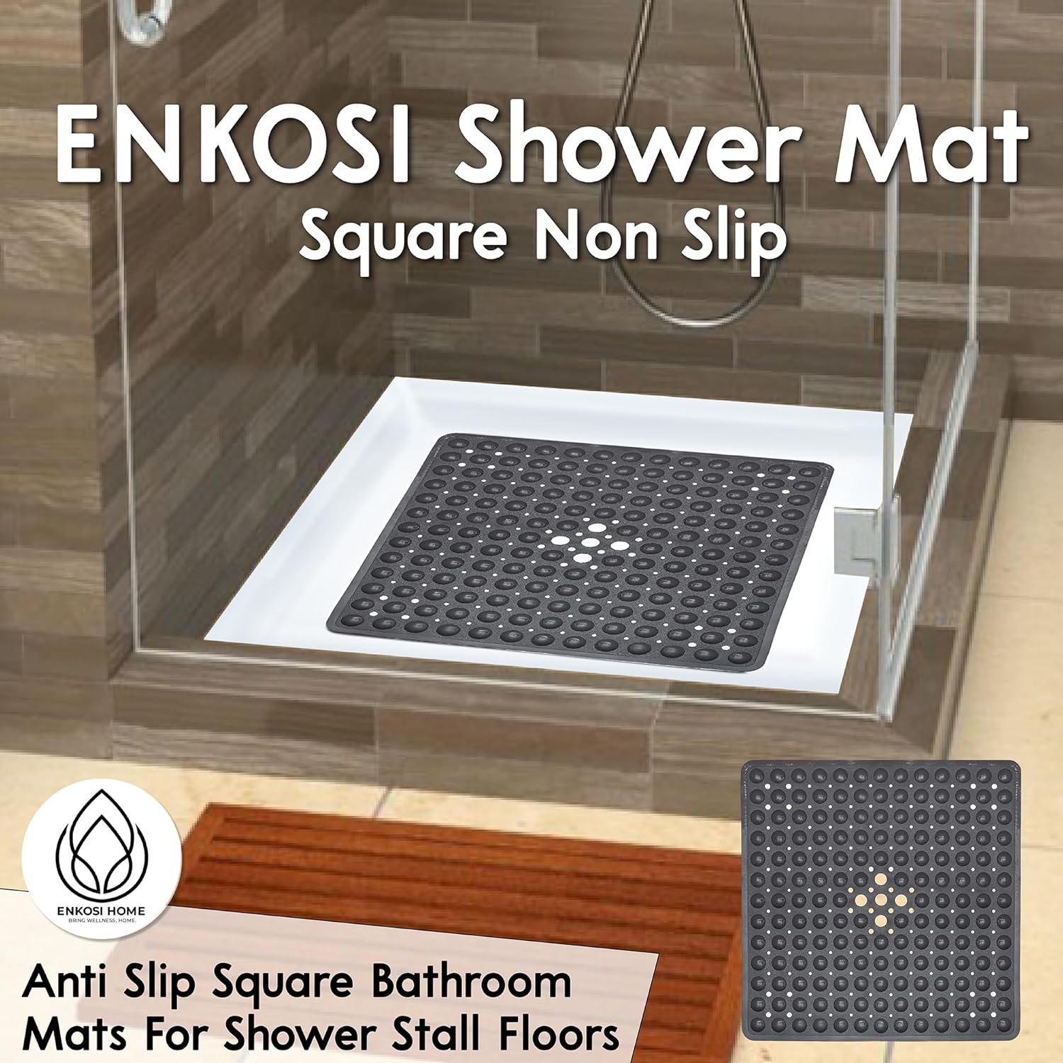 ENKOSI Square Shower Mat Non Slip 21x21 Clear with Drain Hole 1
